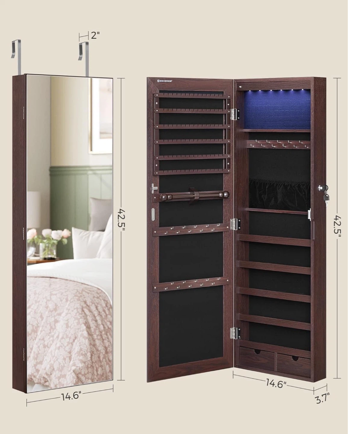 Brown Jewelry Cabinet with Mirror and LED Lights - photo 2