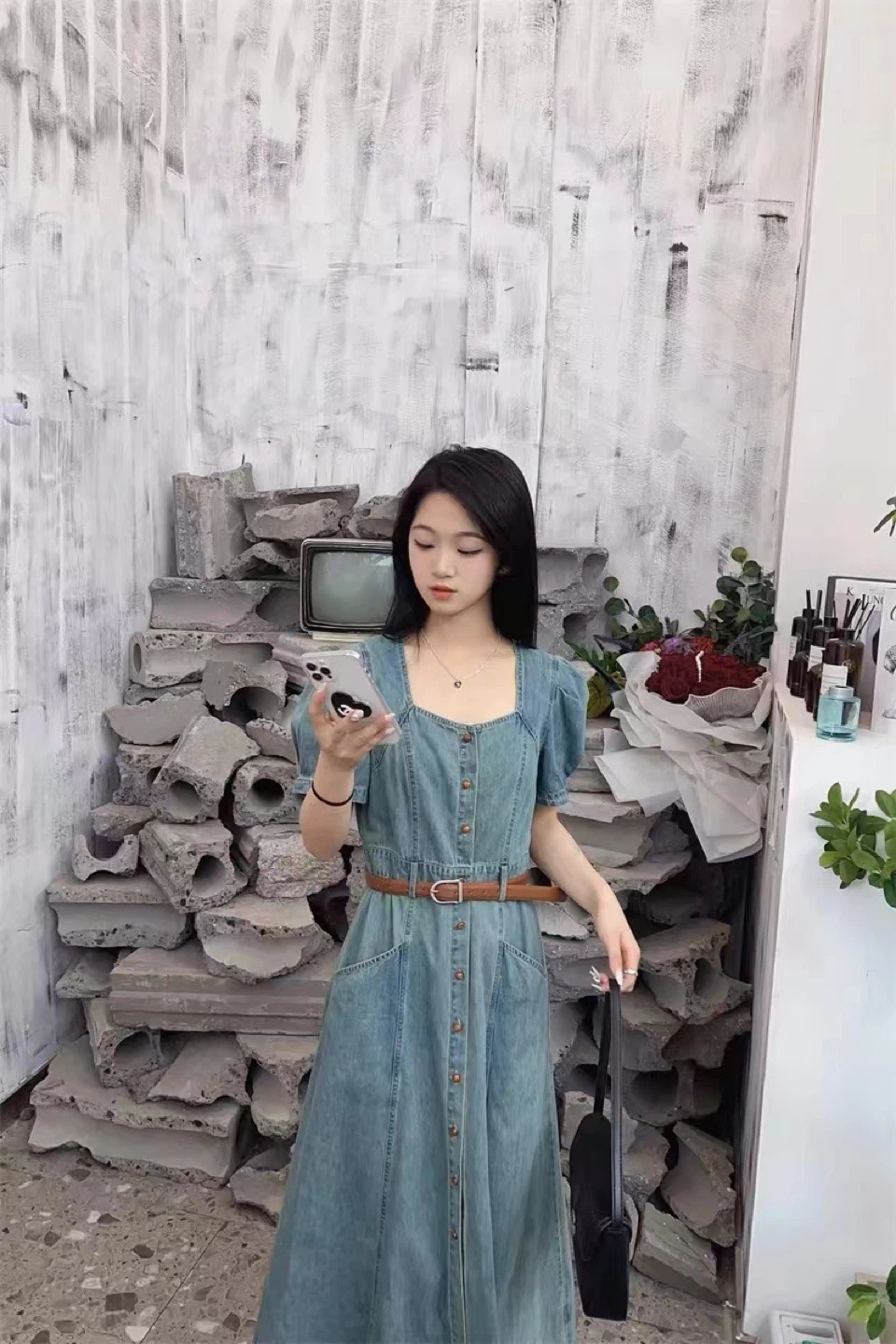Denim Button-Up Midi Dress with Belt
