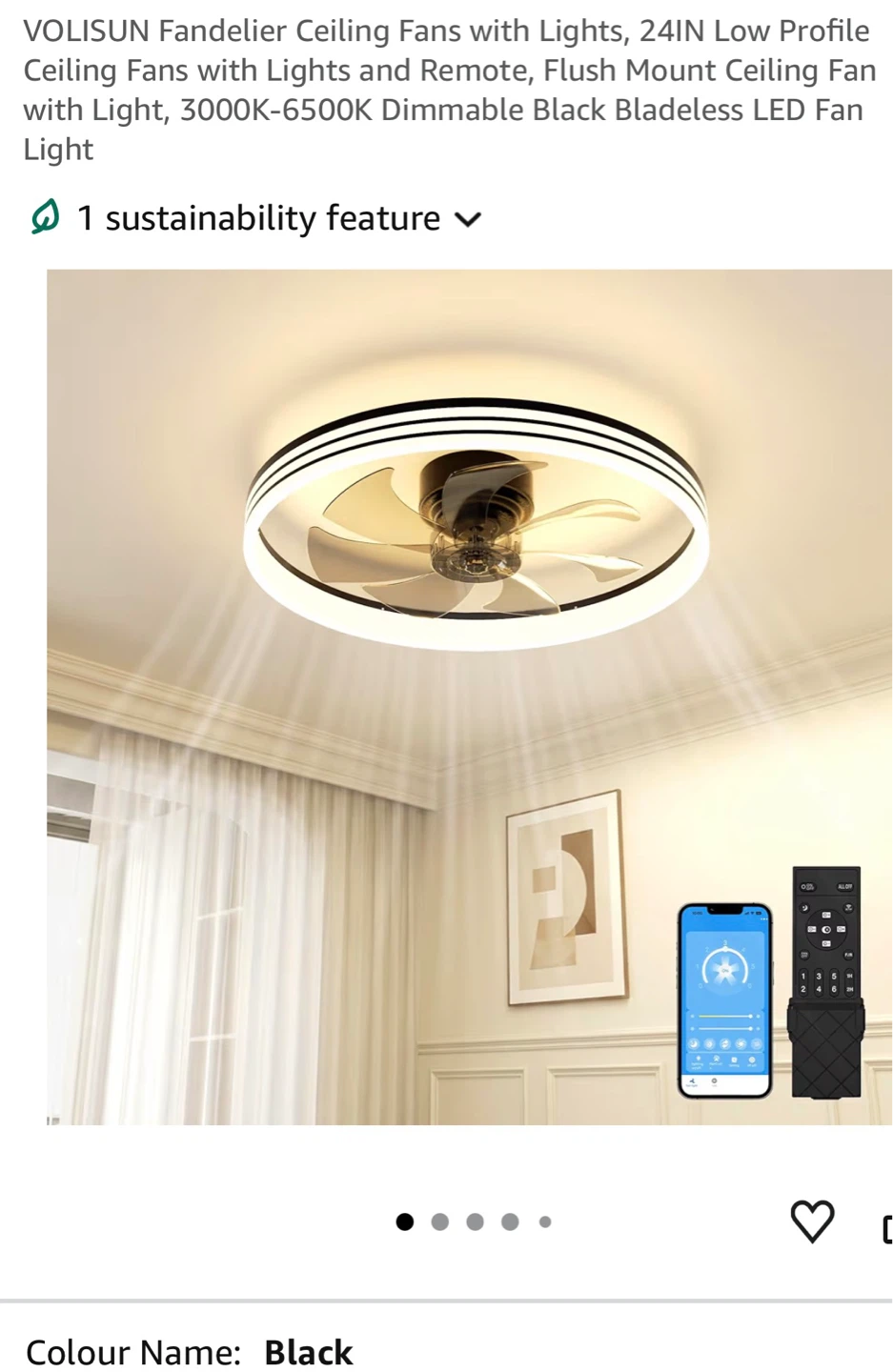 Ceiling Fan with Light, 24IN, Black, Remote & App Control 24F