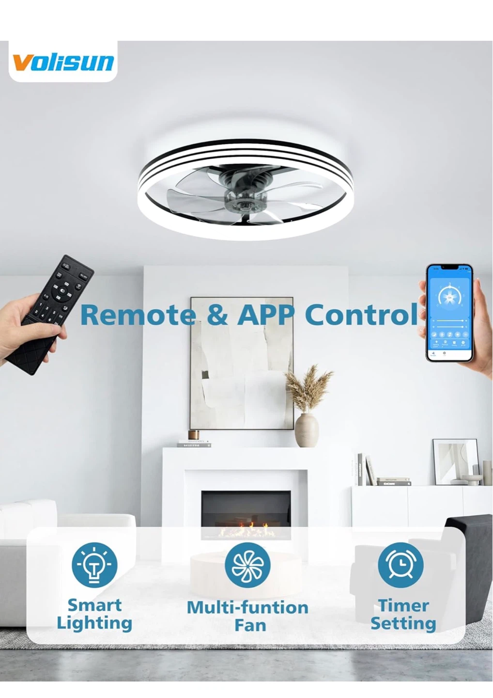 Ceiling Fan with Light, 24IN, Black, Remote & App Control 24F - photo 4