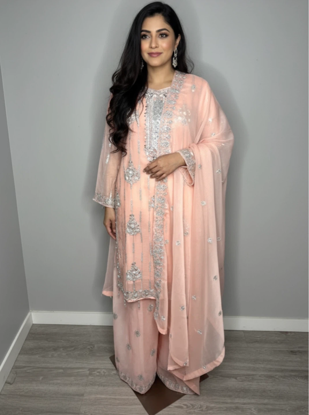 Peach Embellished Salwar Kameez Dupatta Set