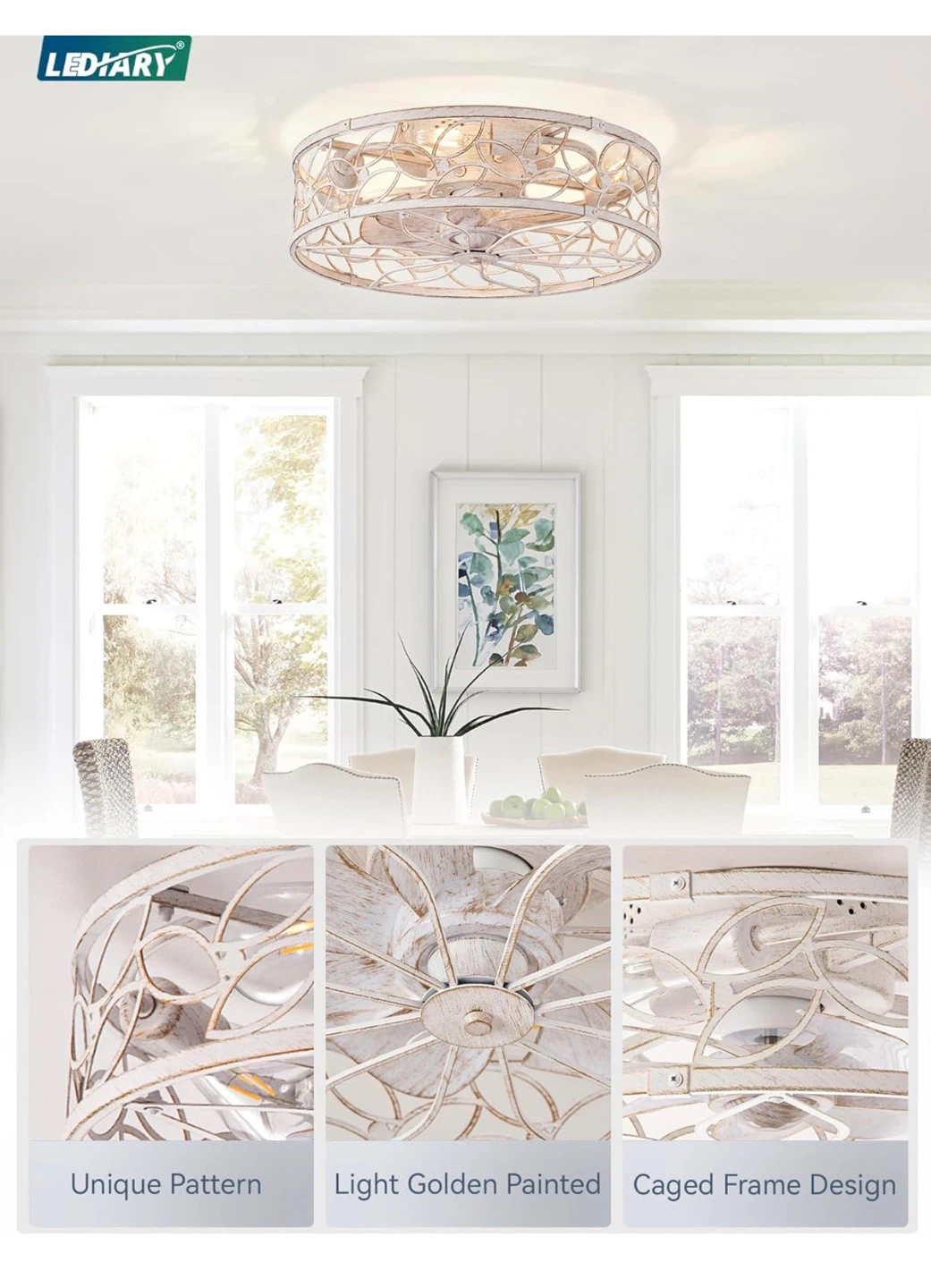 Caged Ceiling Fan with Lights - White Gold, 18" 19F - photo 4