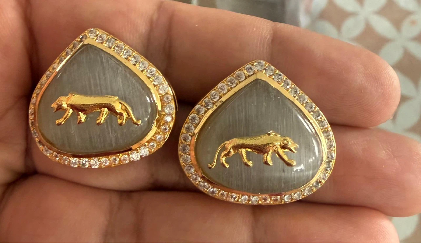 Gold Tiger Stud Earrings with Gemstone Inlay - photo 2