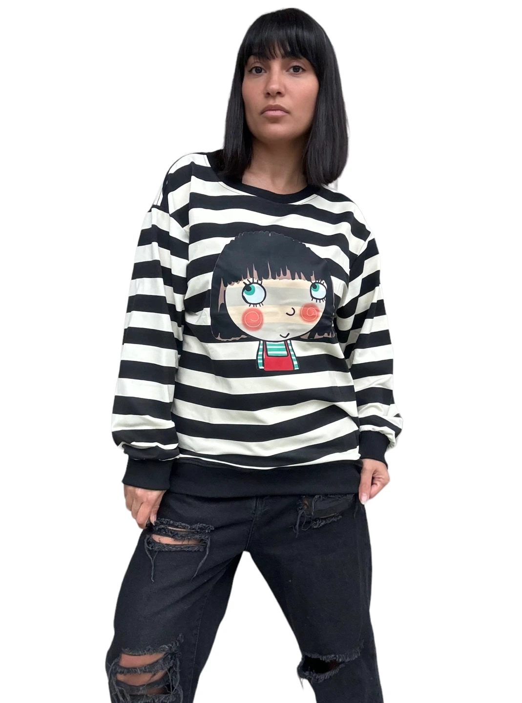 Striped Crewneck Sweatshirt with Cartoon Girl Graphic - photo 4