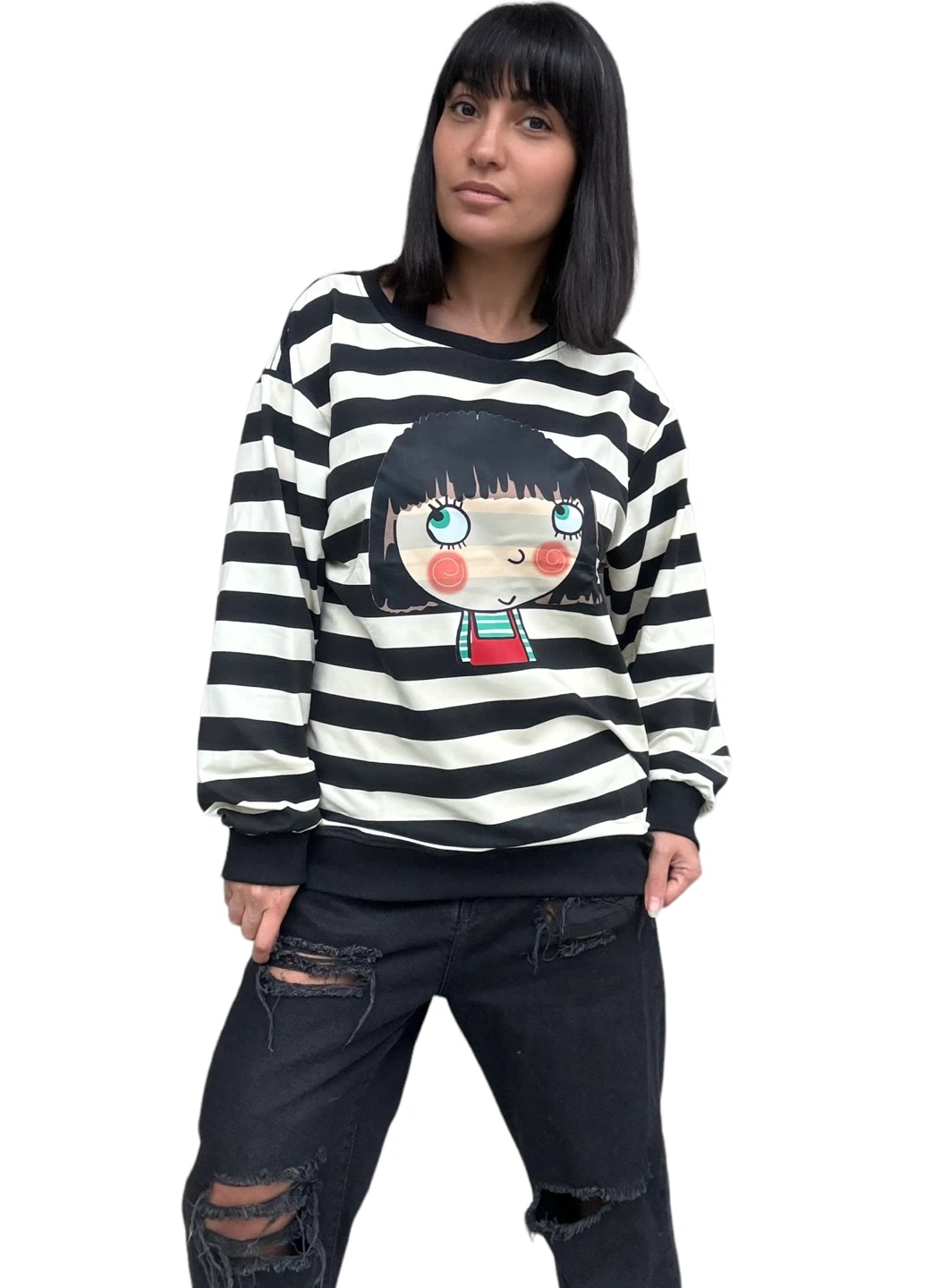 Striped Crewneck Sweatshirt with Cartoon Girl Graphic - photo 3