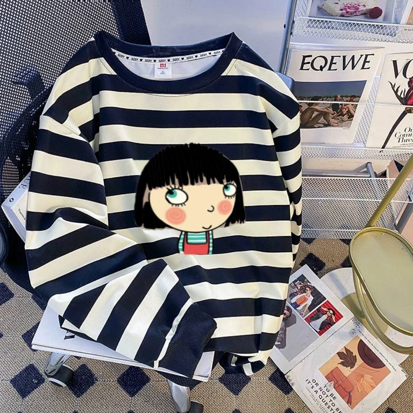 Striped Crewneck Sweatshirt with Cartoon Girl Graphic