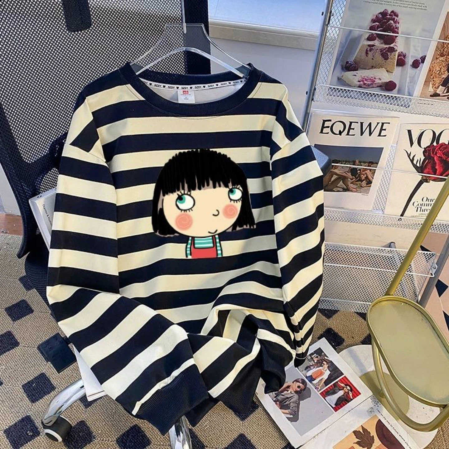 Striped Crewneck Sweatshirt with Cartoon Girl Graphic - photo 2