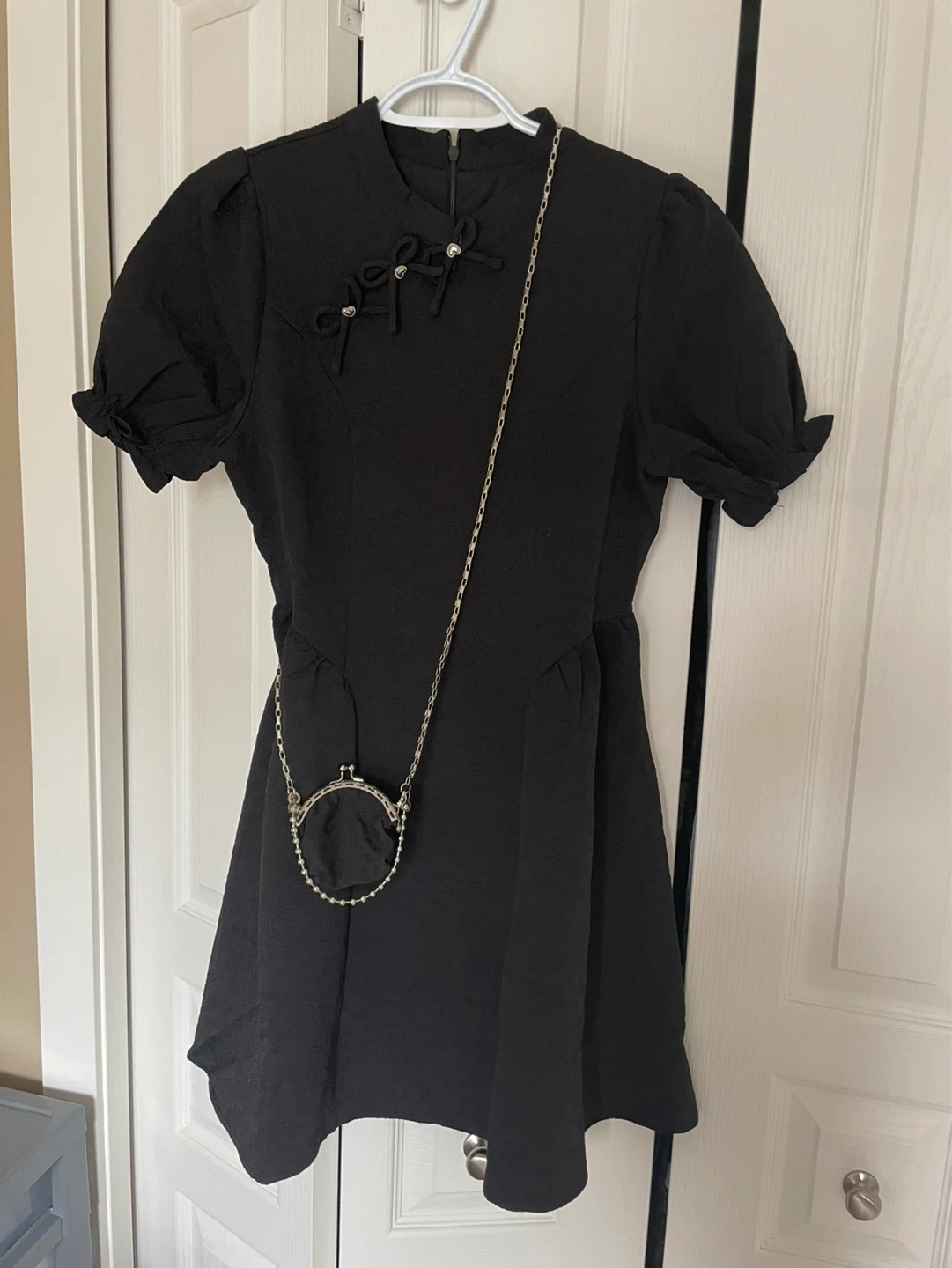 Black Puff Sleeve Mini Dress with Chain Purse