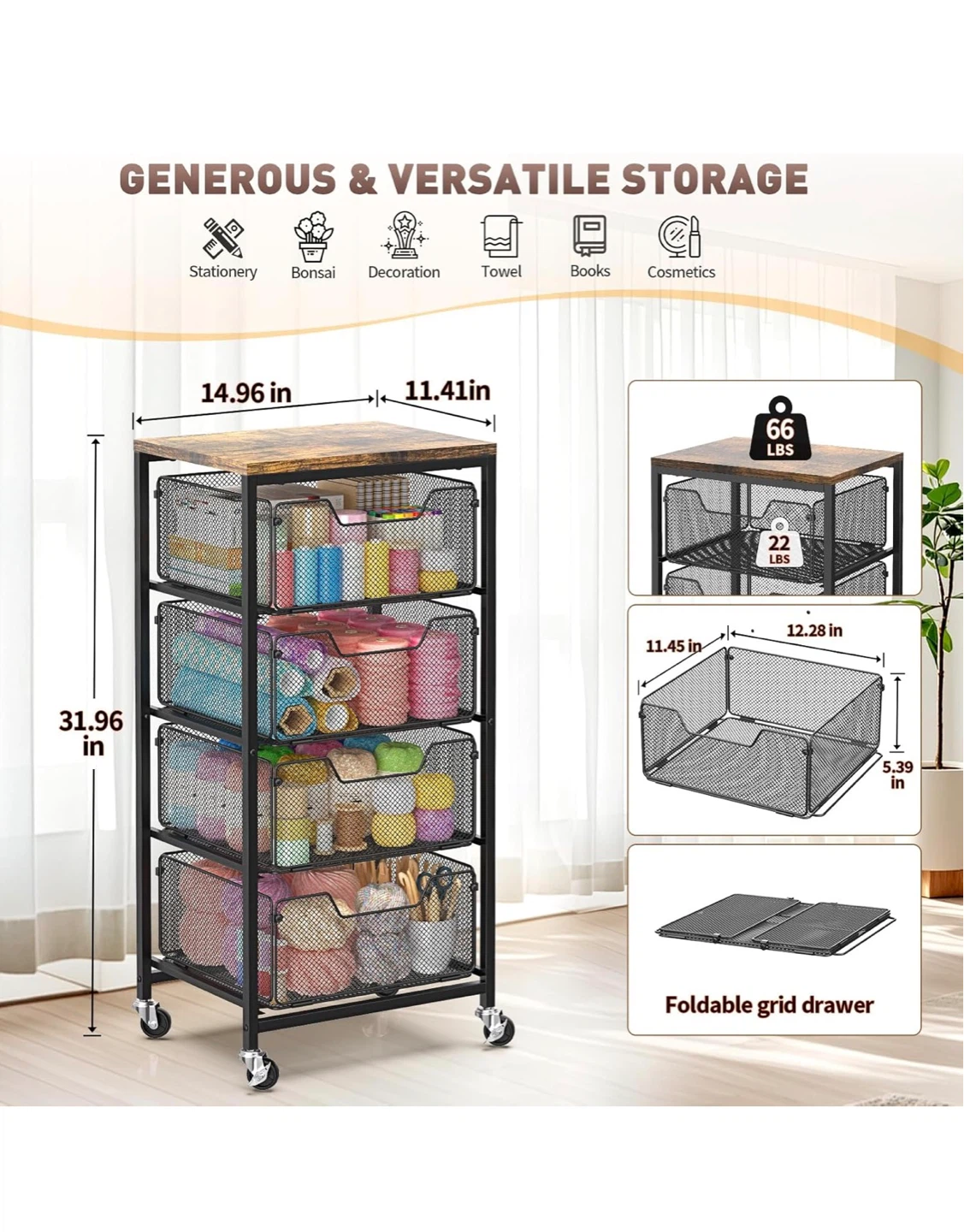 4 Tier Rolling Storage Cart with Drawer - photo 2