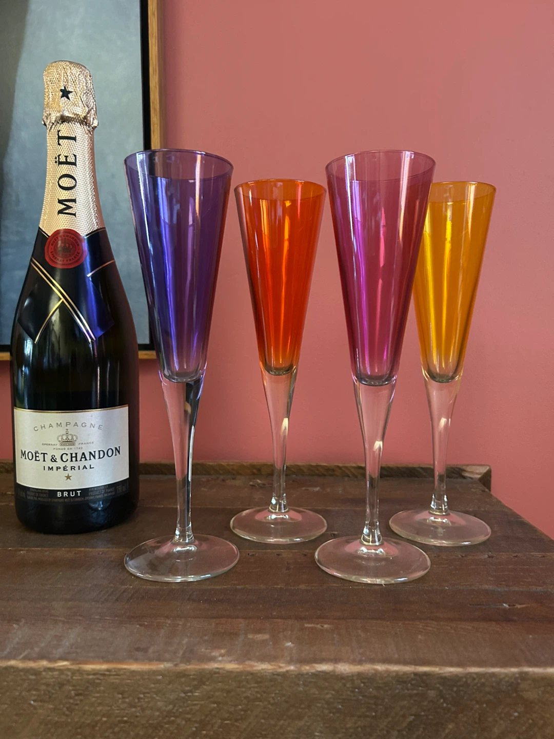 Multi Colour Champagne Flutes - Set of 4 - 1990s Barware