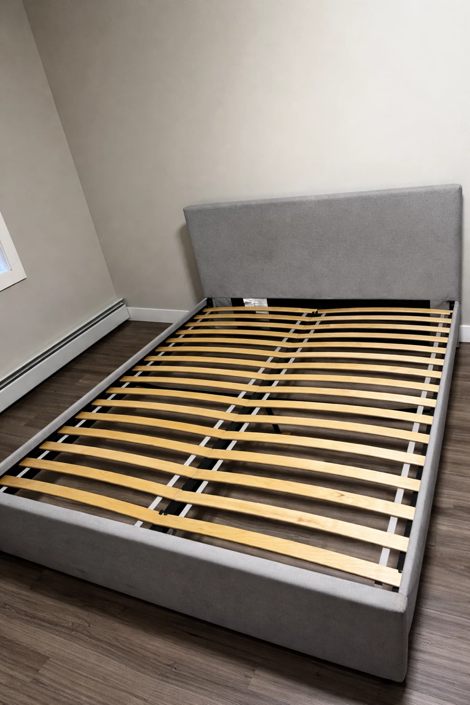 Grey Upholstered Queen Bed Frame with Slats