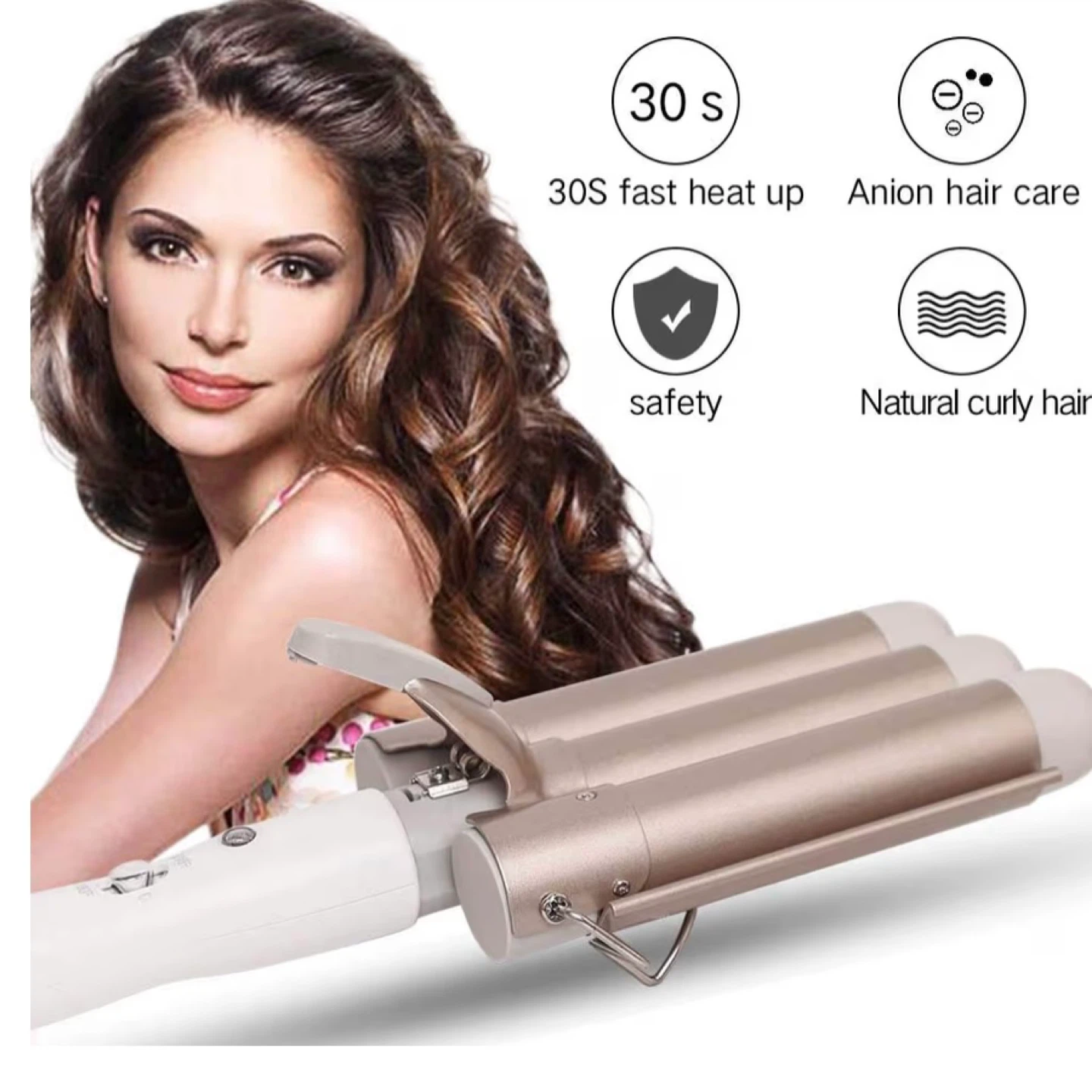 Hair Curling Iron Wand 3 Barrel Wave 32mm Ceramic Curler (Gold) - photo 5