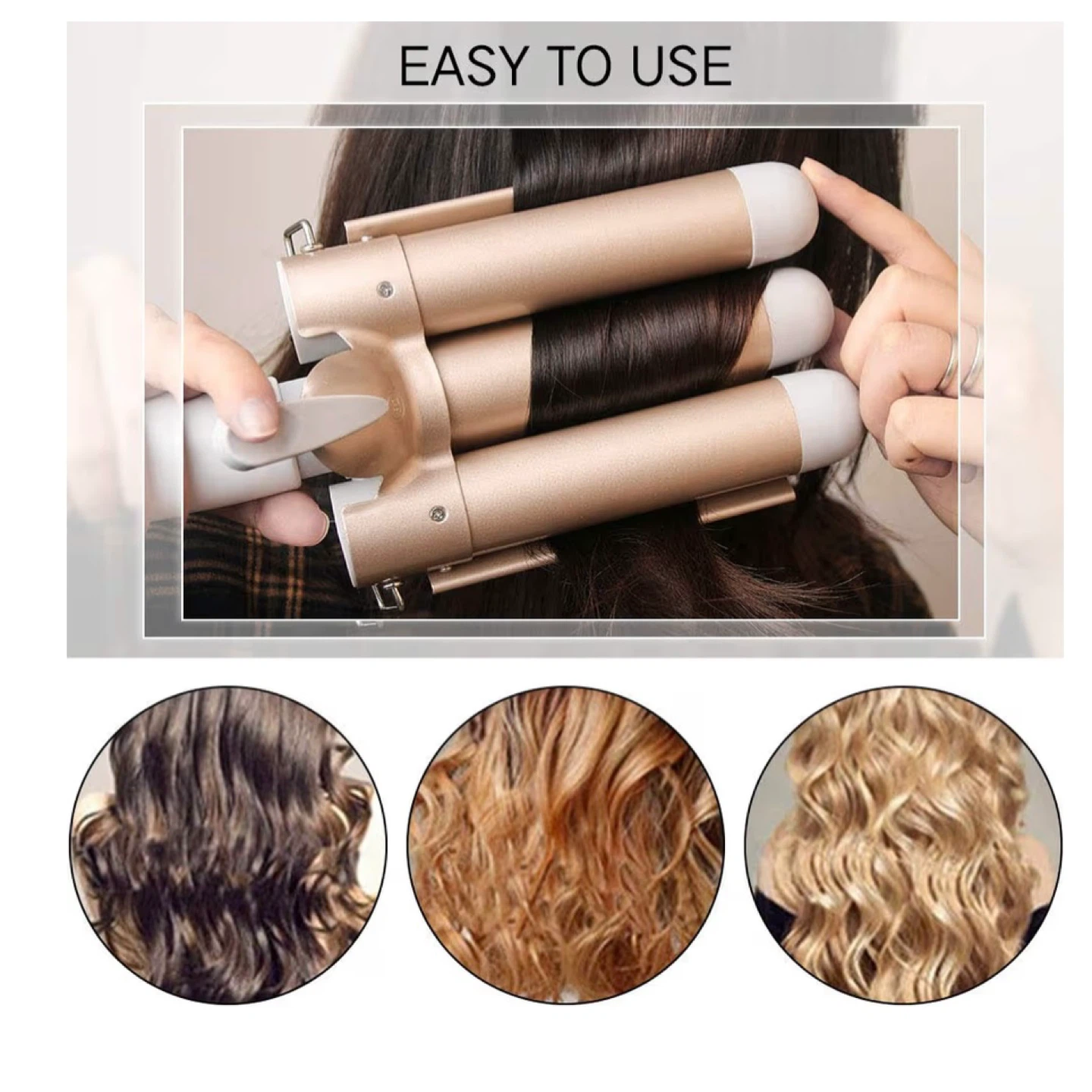 Hair Curling Iron Wand 3 Barrel Wave 32mm Ceramic Curler (Gold) - photo 3
