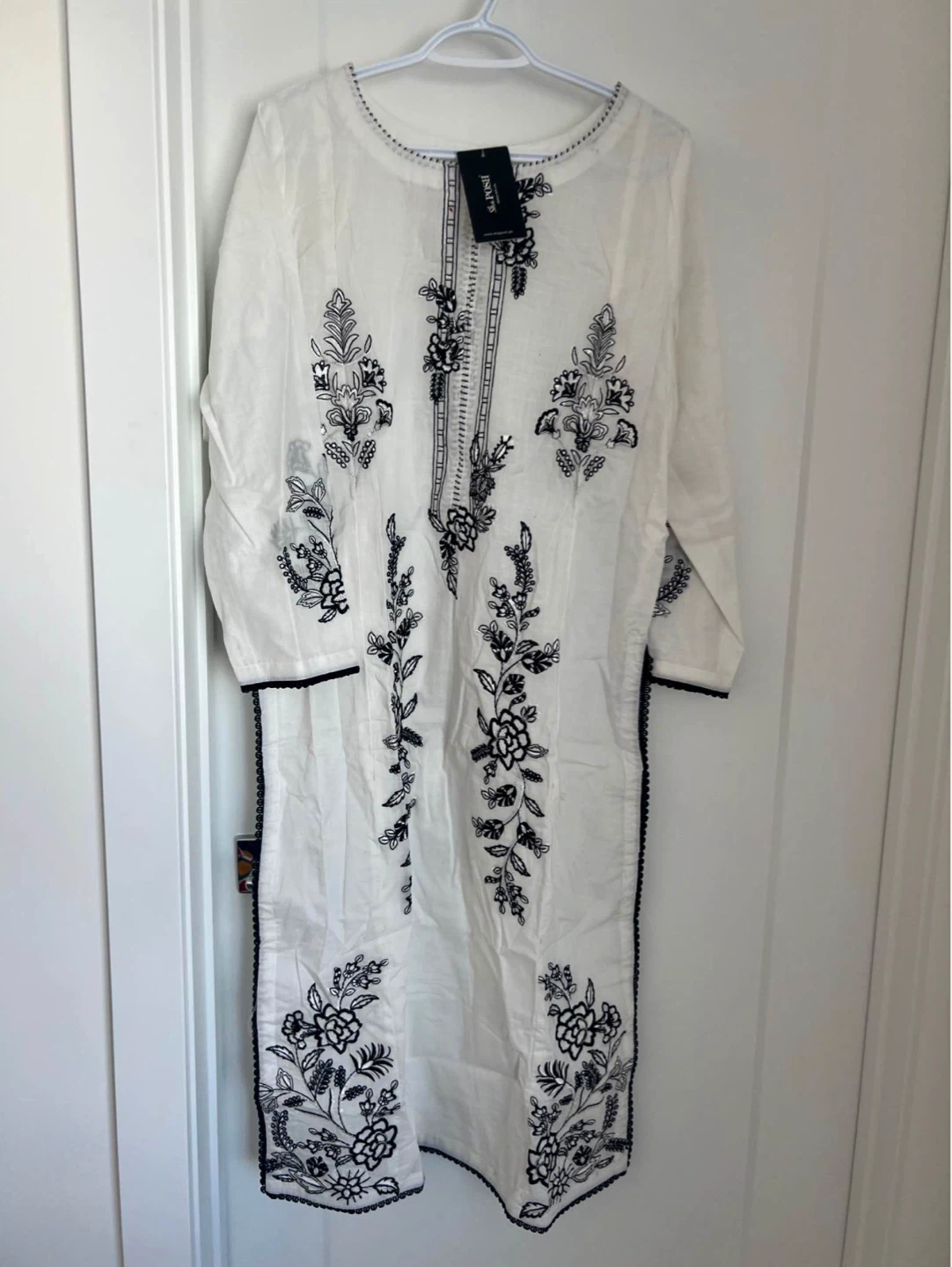 White Kurta with Black Embroidery & Dupatta