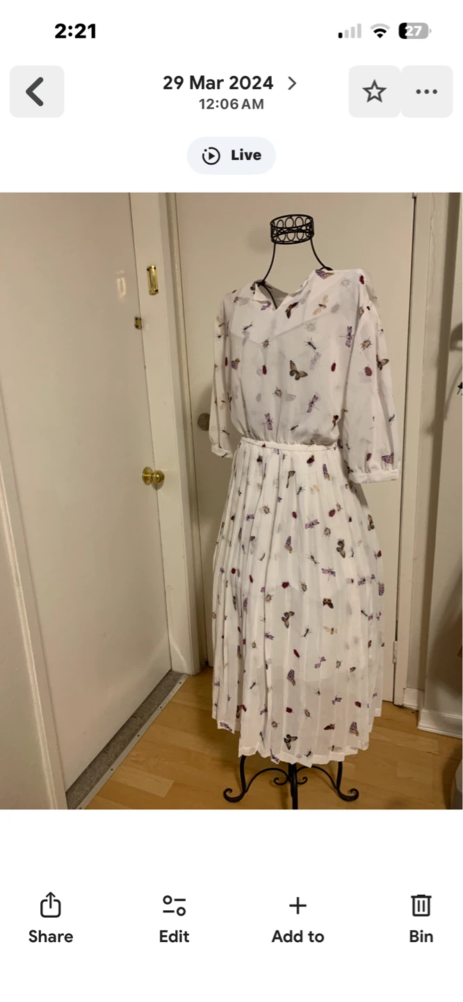 White Pleated Midi Dress with Butterfly Print