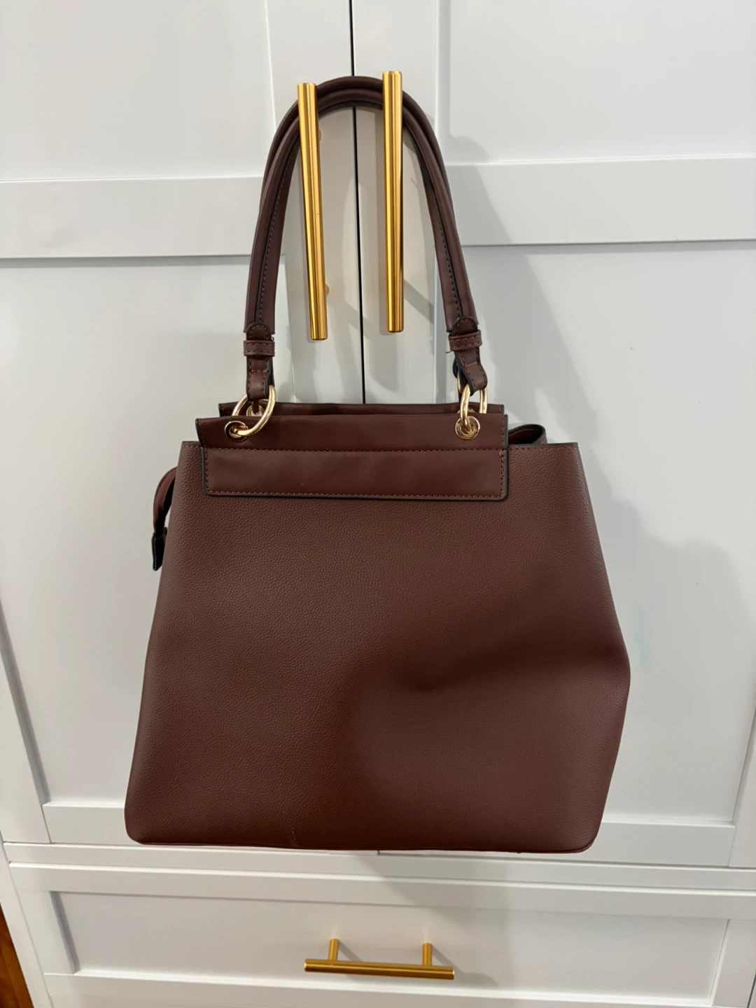 Brown Faux Leather Tote Handbag with Woven Detail - photo 2