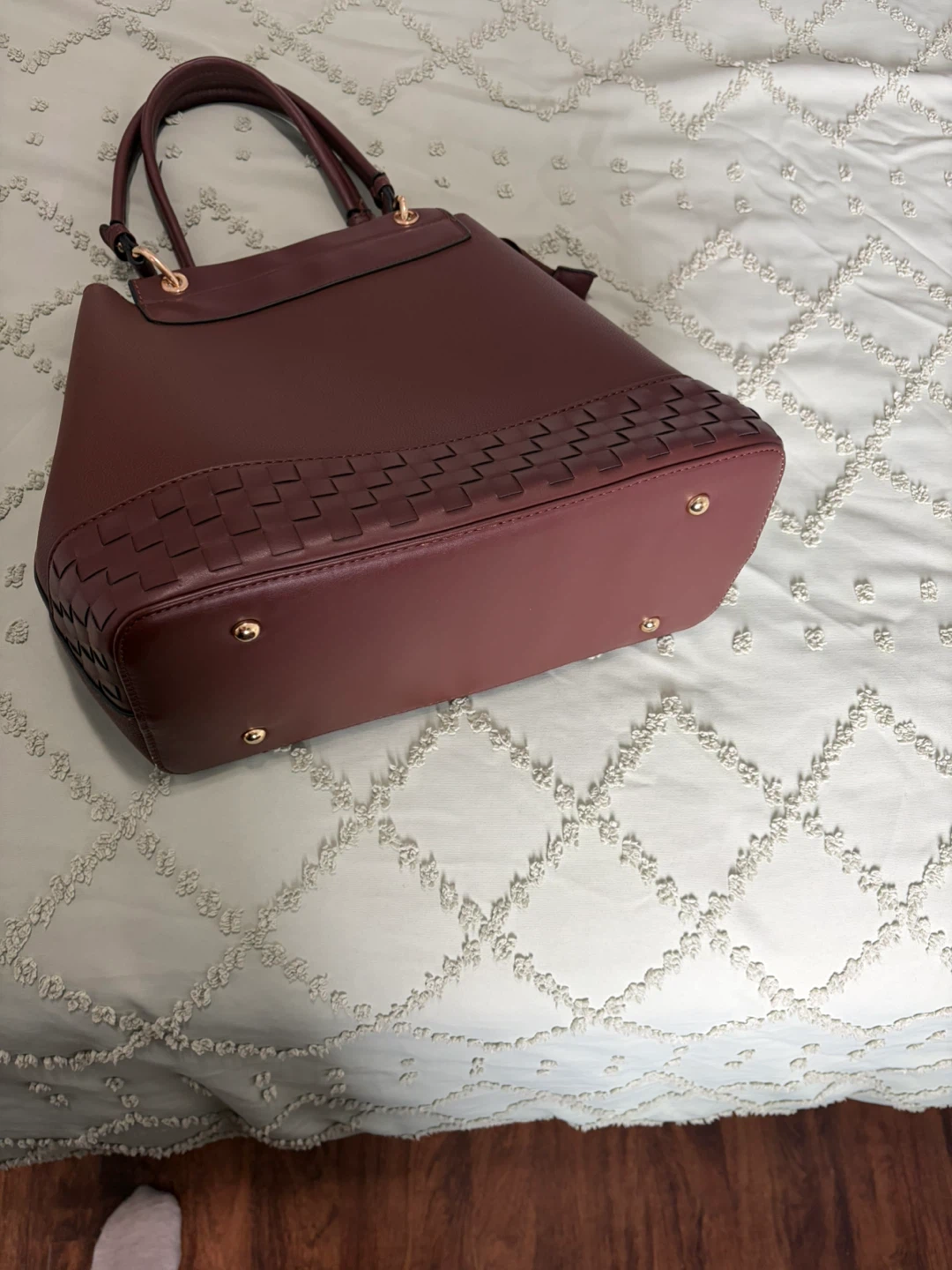 Brown Faux Leather Tote Handbag with Woven Detail - photo 5