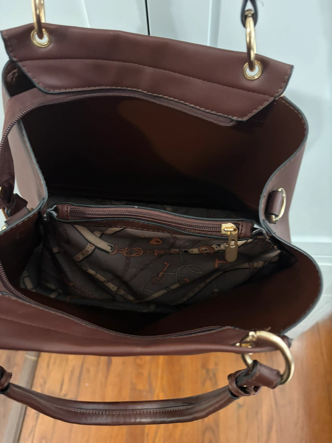 Brown Faux Leather Tote Handbag with Woven Detail - photo 3