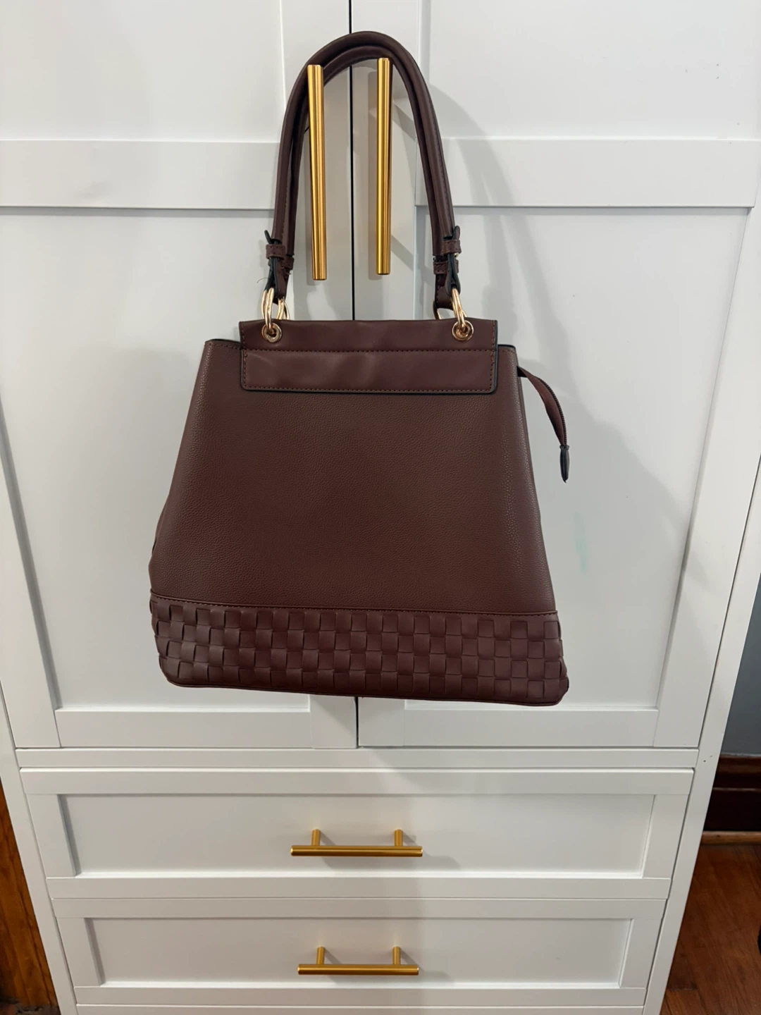 Brown Faux Leather Tote Handbag with Woven Detail