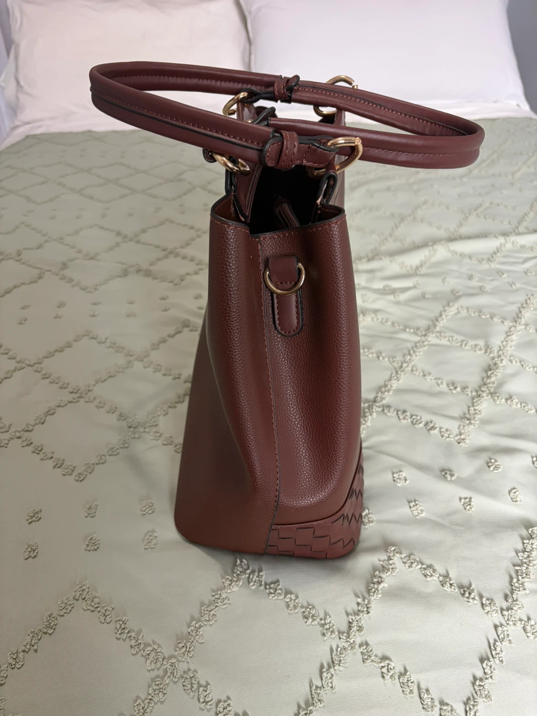 Brown Faux Leather Tote Handbag with Woven Detail - photo 4