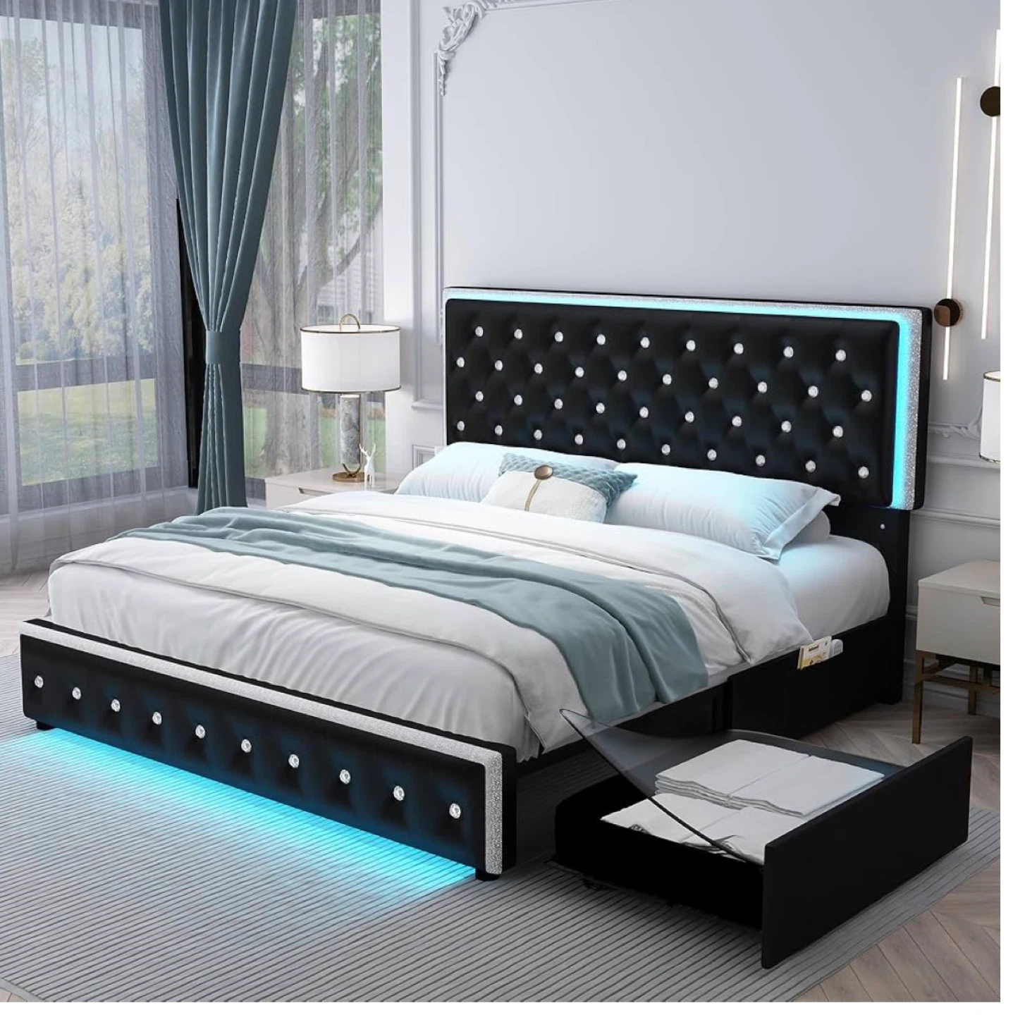 SIBEDS Black LED Bed Frame with Storage Drawers