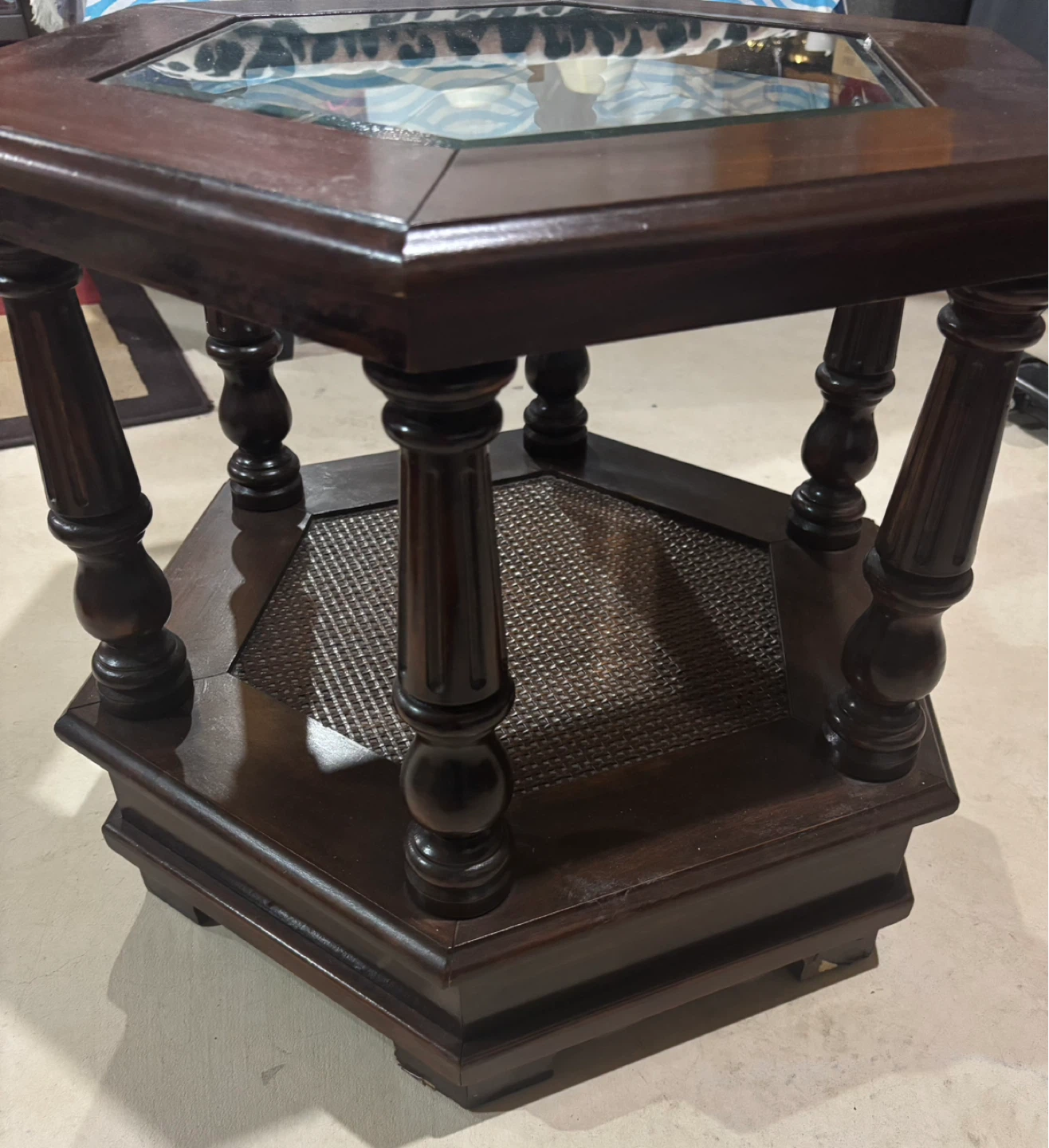 Pair of Hexagonal Dark Wood End Tables with Glass Top - photo 4