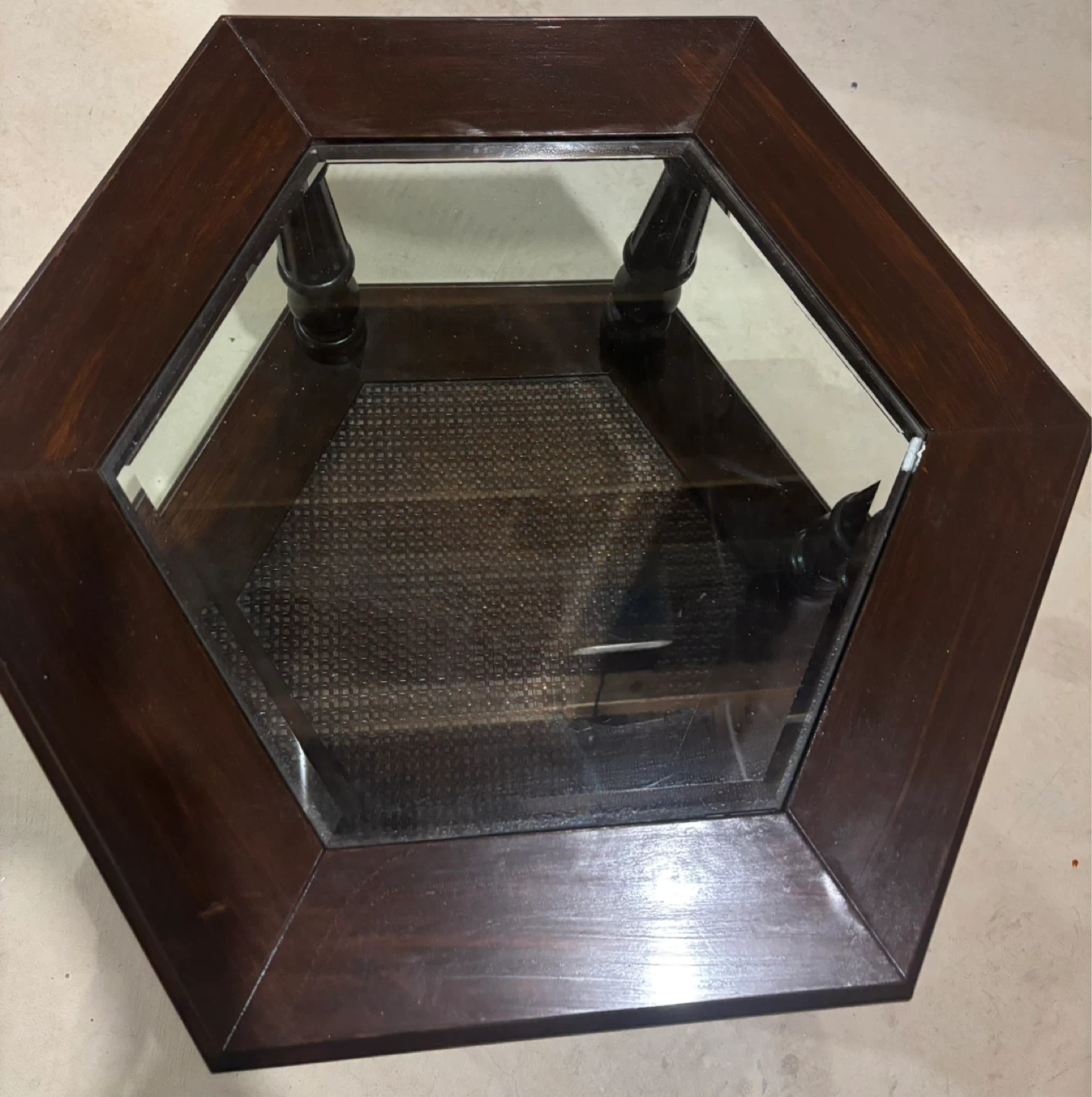 Pair of Hexagonal Dark Wood End Tables with Glass Top