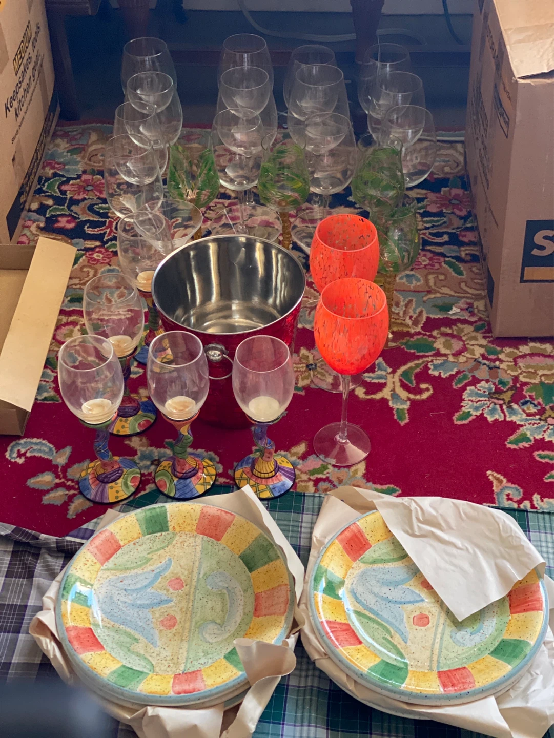 Set of 6 Decorative Plates and Assorted Drinkware