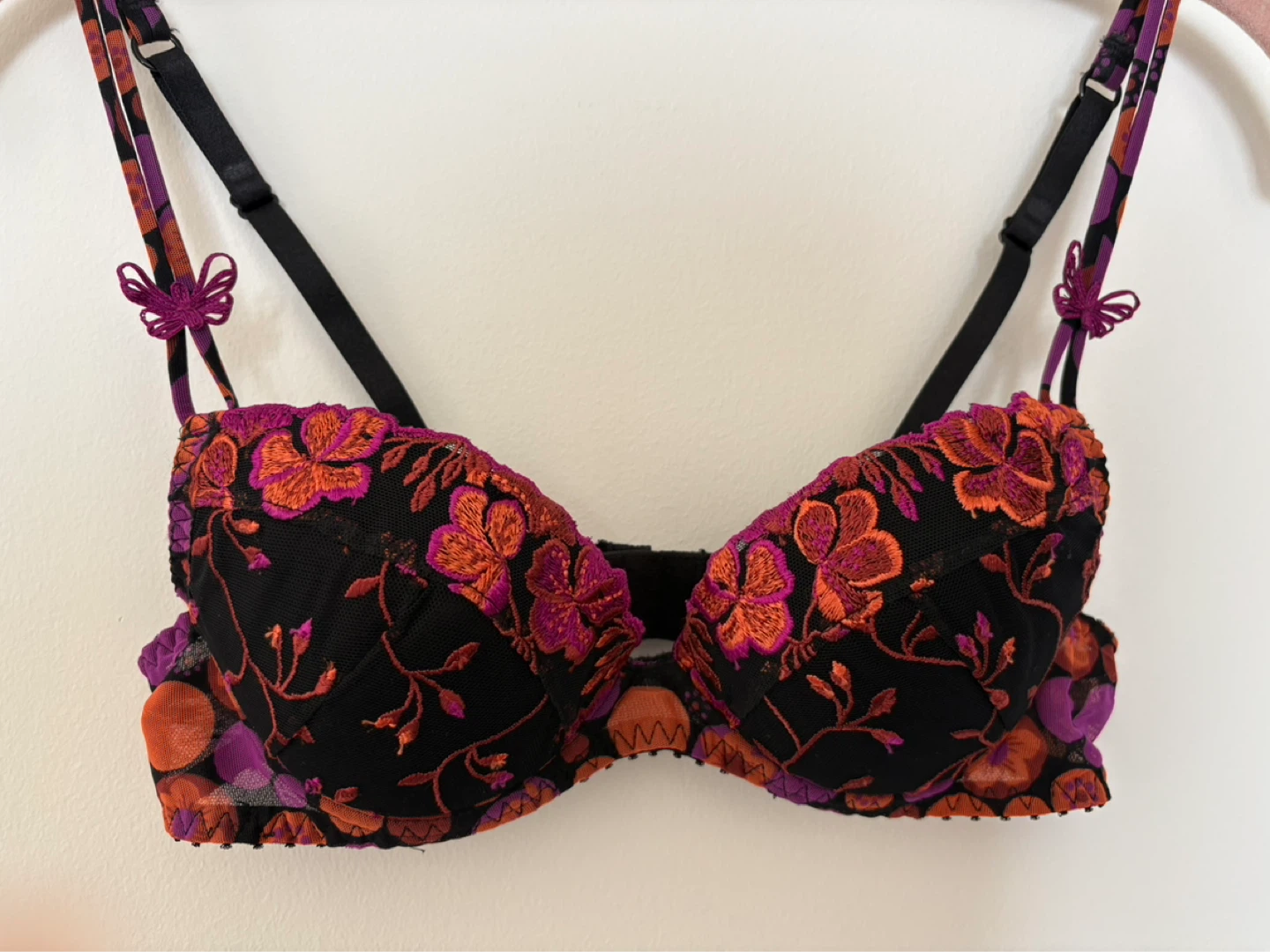 Aubade Black Bra with Orange & Purple Floral Embroidery