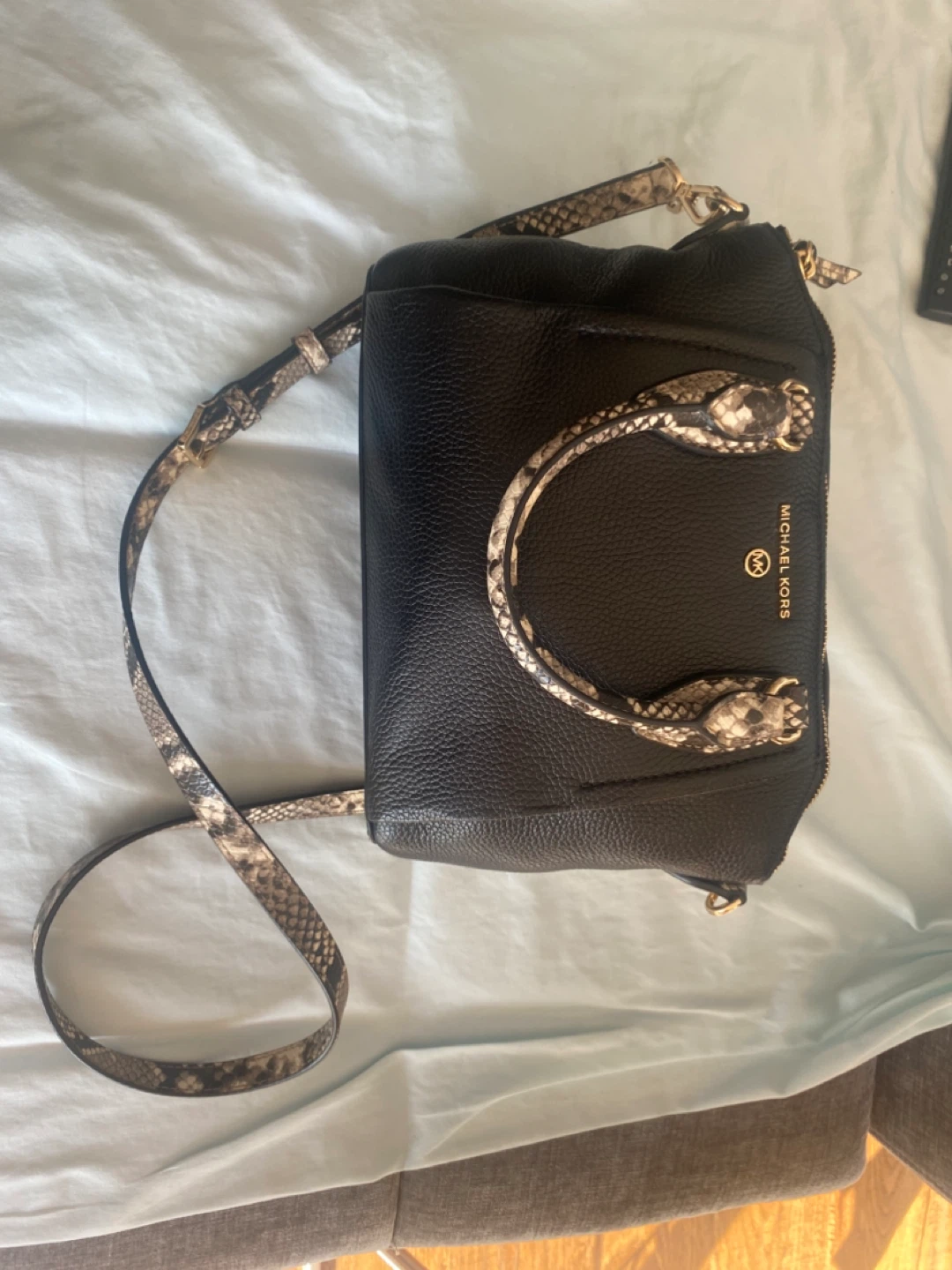 Michael Kors Black Leather Satchel Bag with Snake Detail