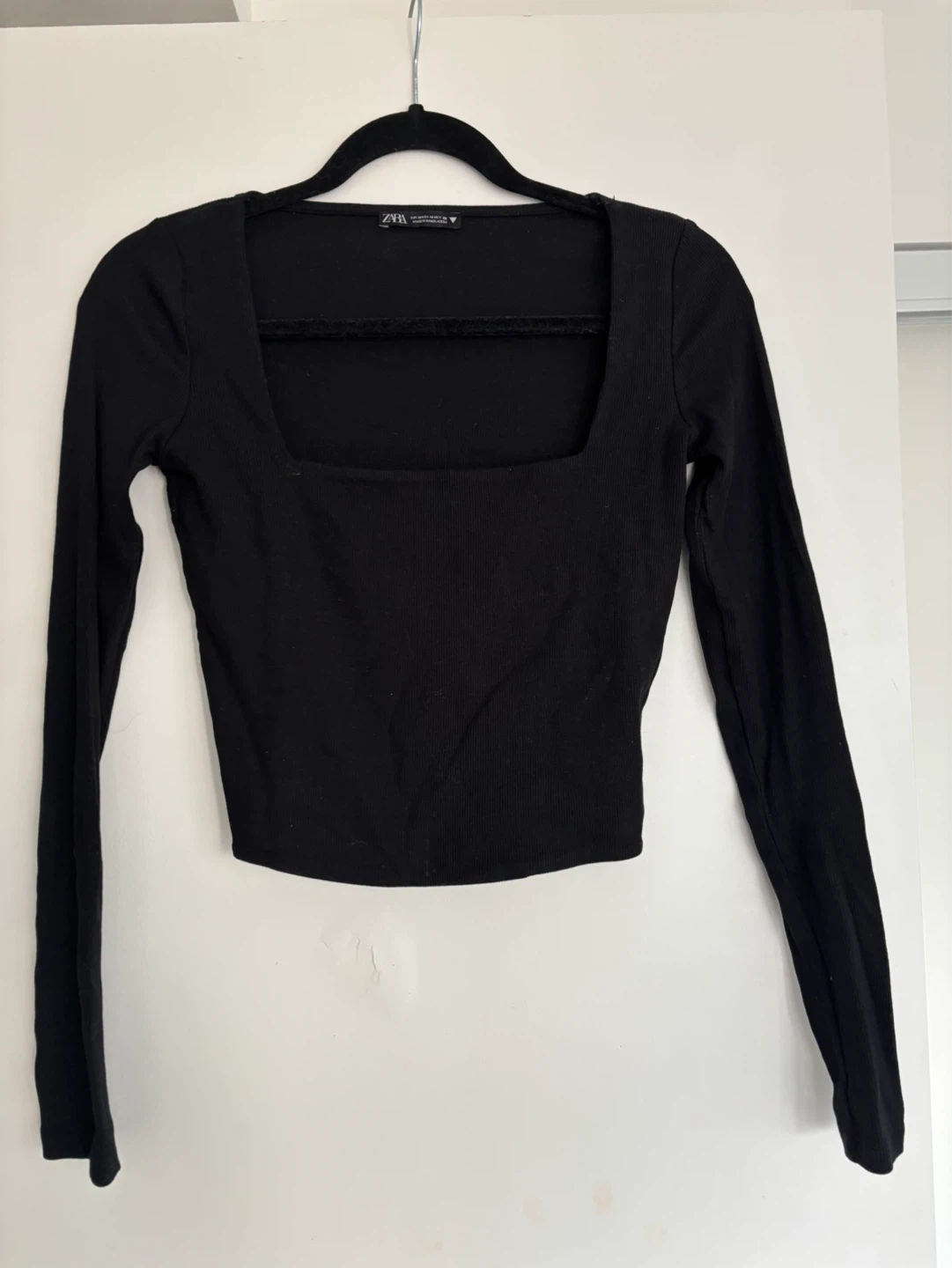 ZARA Black Ribbed Square Neck Long Sleeve Top