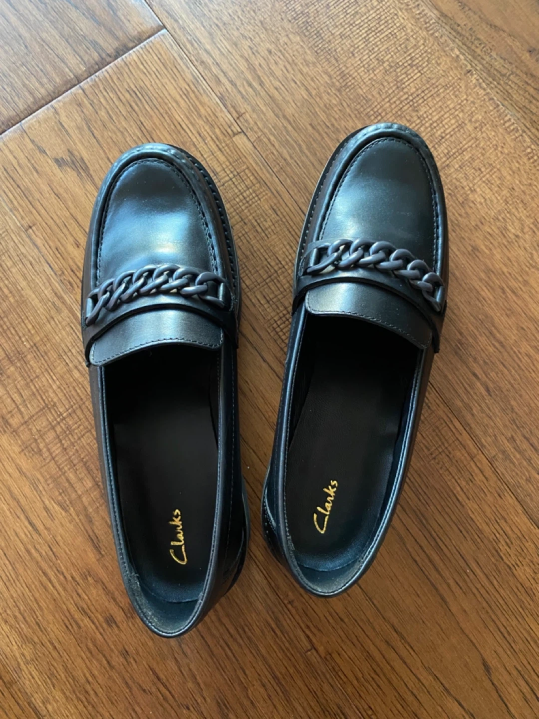Clarks Black Leather Loafers with Chain Detail