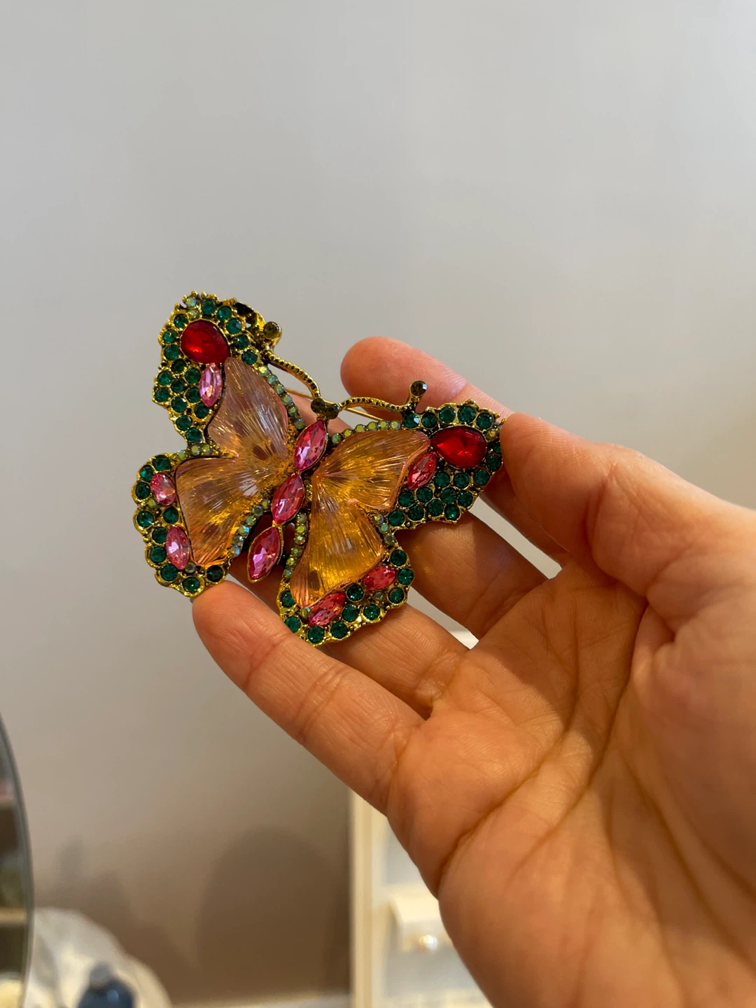 Sparkly Butterfly Brooch with Red, Pink, and Green Rhinestones - photo 3
