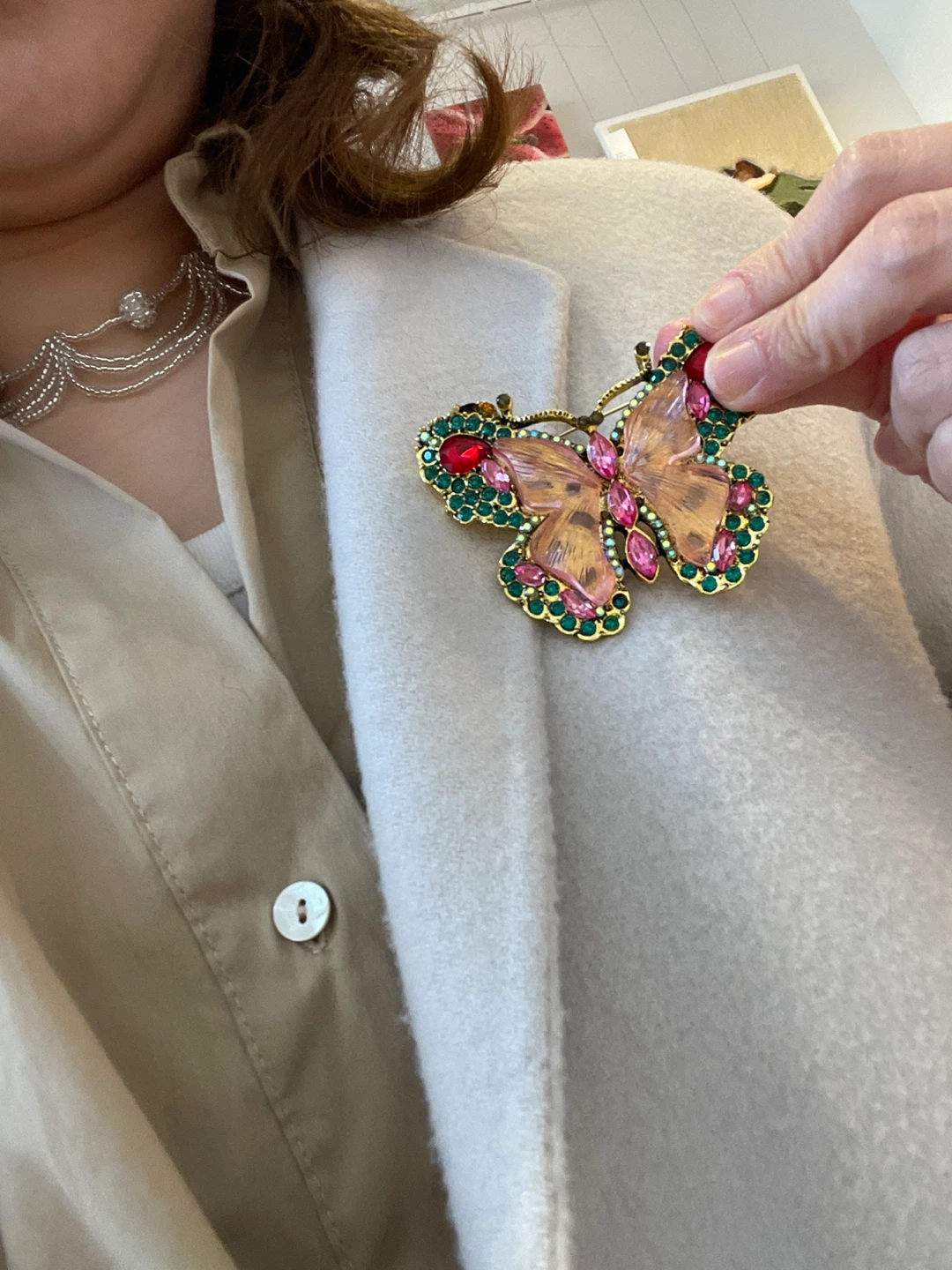Sparkly Butterfly Brooch with Red, Pink, and Green Rhinestones - photo 5