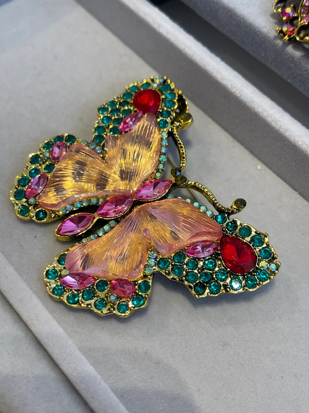 Sparkly Butterfly Brooch with Red, Pink, and Green Rhinestones - photo 2