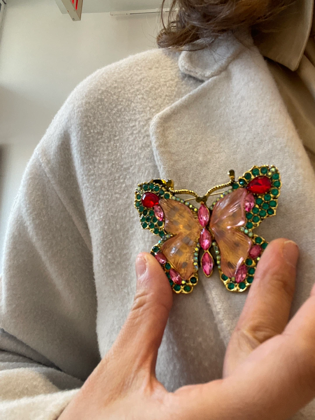 Sparkly Butterfly Brooch with Red, Pink, and Green Rhinestones - photo 4