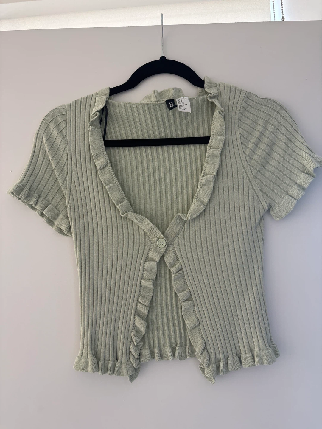 H&M Ribbed Cardigan with Ruffle Detail - Light Green