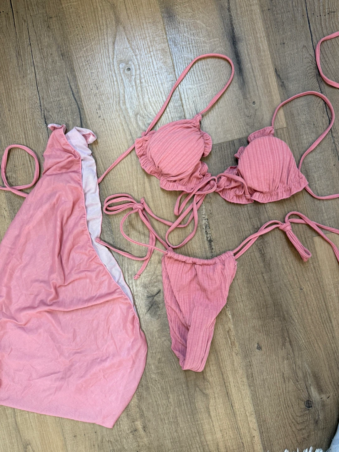 Pink Ribbed Bikini with Ruffle Trim