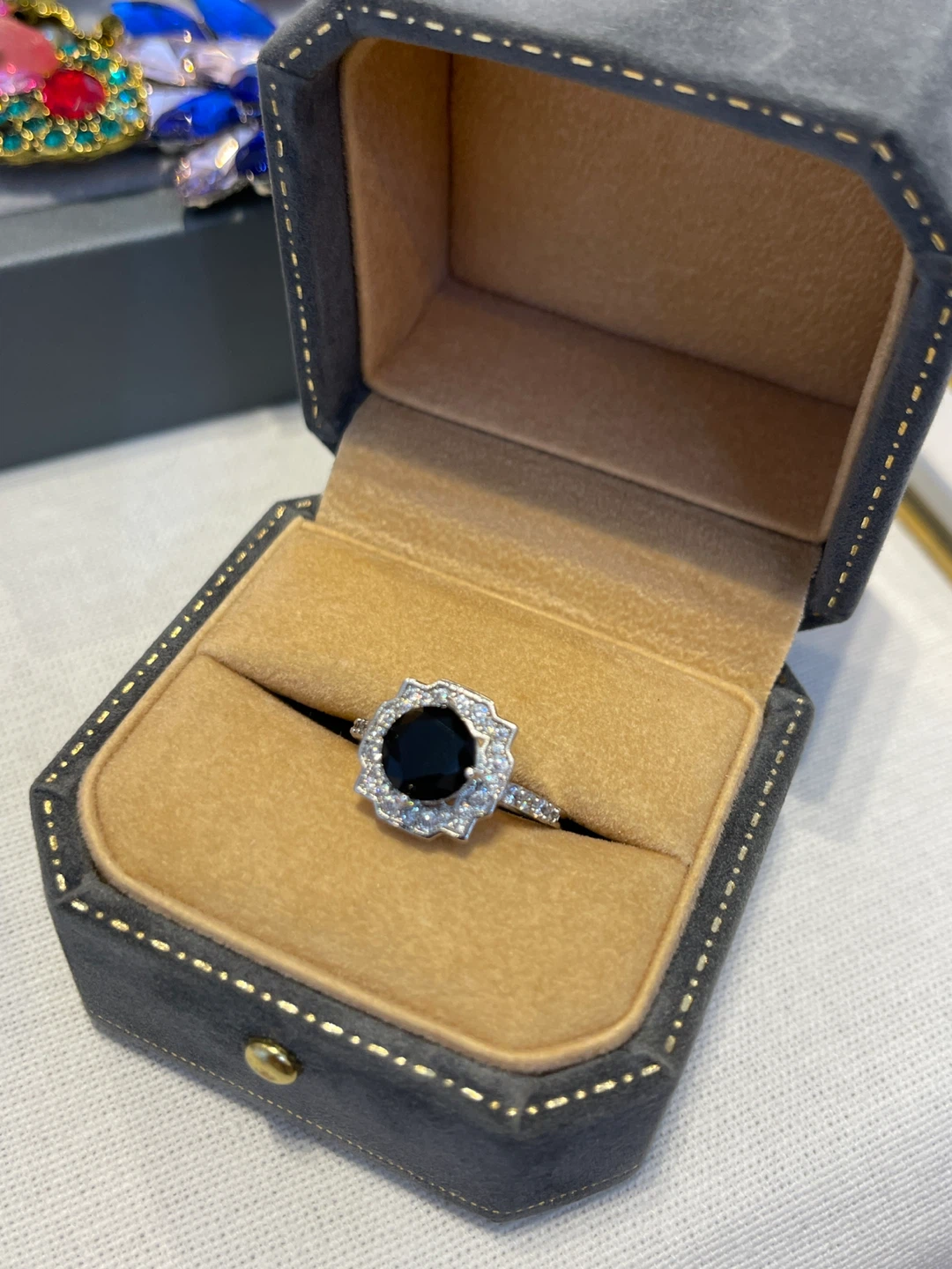 Silver Ring with Black Stone and Rhinestones
