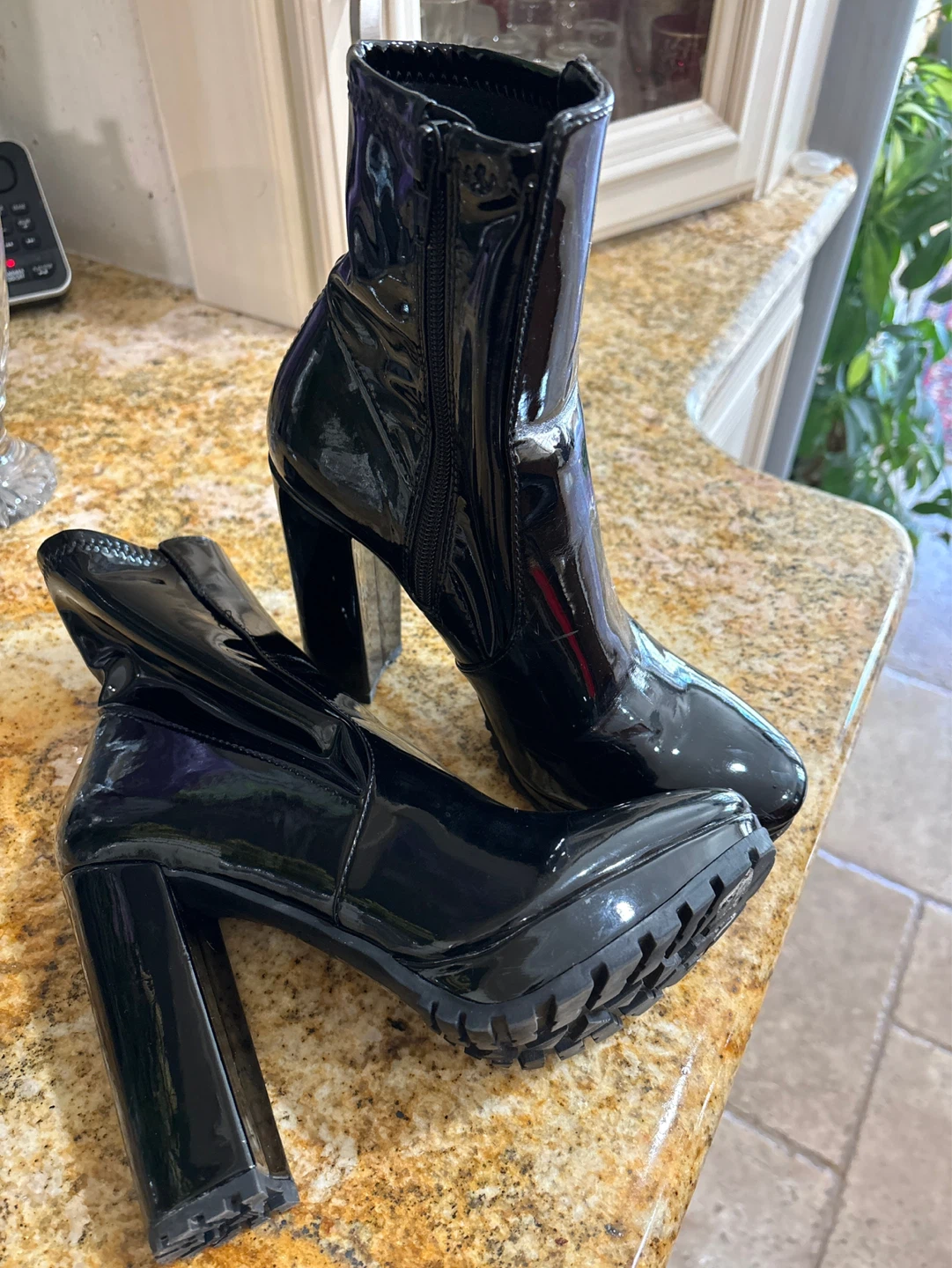 Black Patent Chunky Heel Ankle Boots