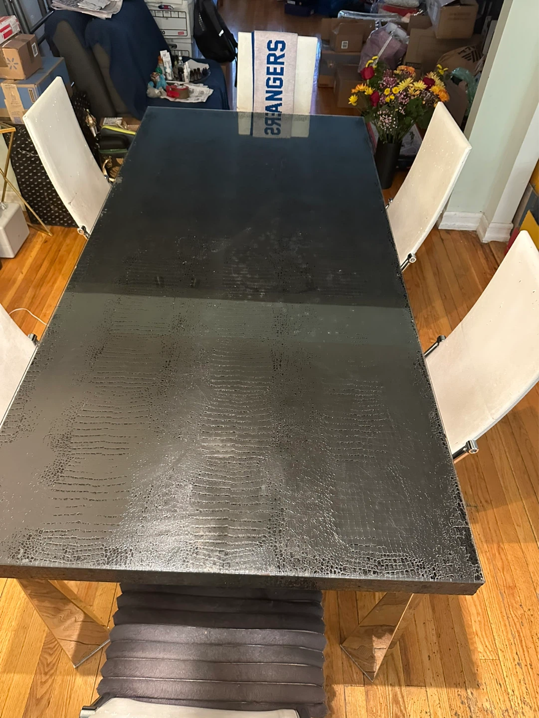 Black Crocodile Texture Dining Table with Chrome Legs