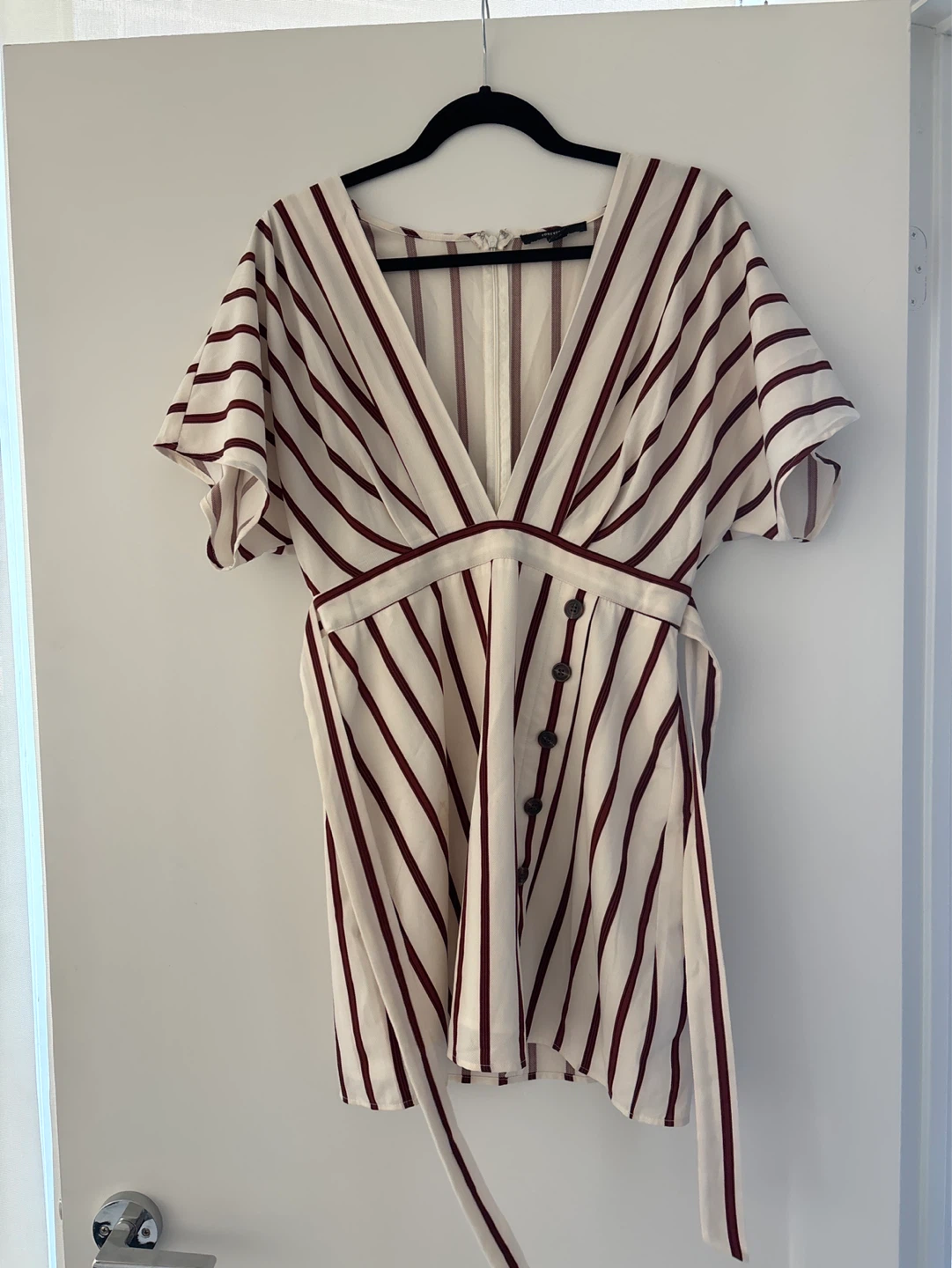 Cream and Burgundy Striped V-Neck Dress