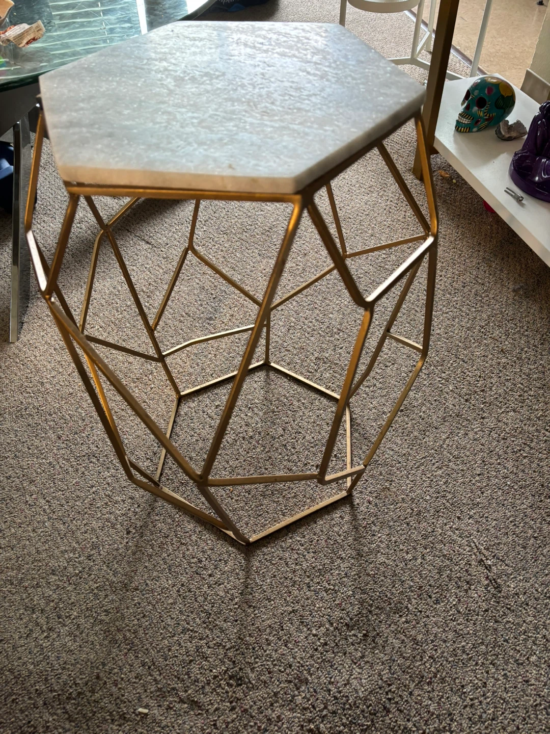 Two Geometric Gold Frame Side Table with Marble Top
