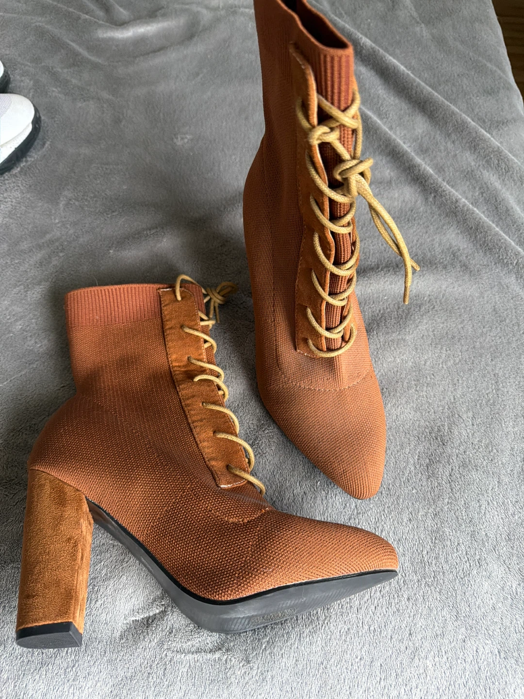Brown Knit Lace-Up Block Heel Booties - photo 2