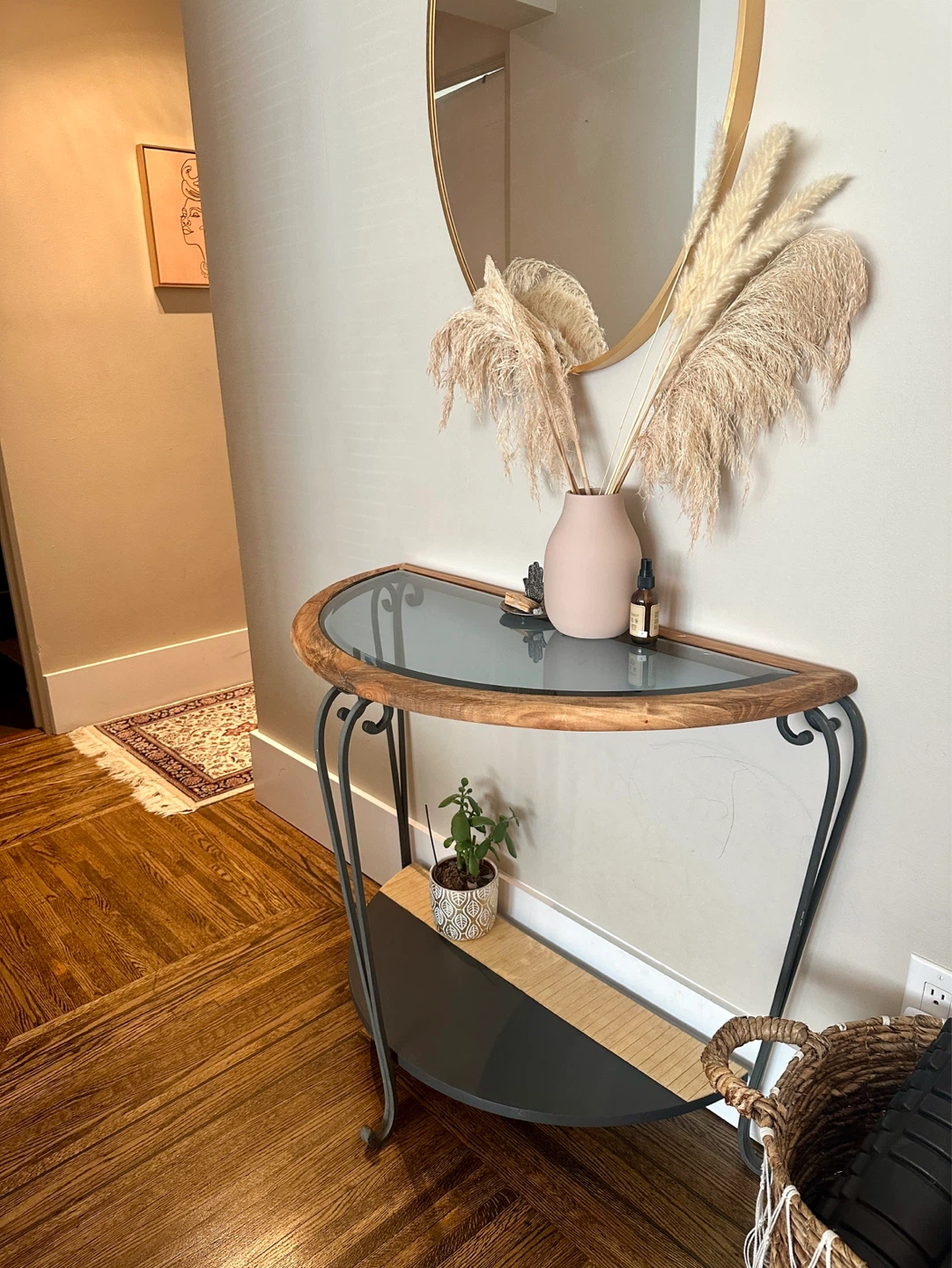 Half-Moon Console Table with Wood and Glass Top