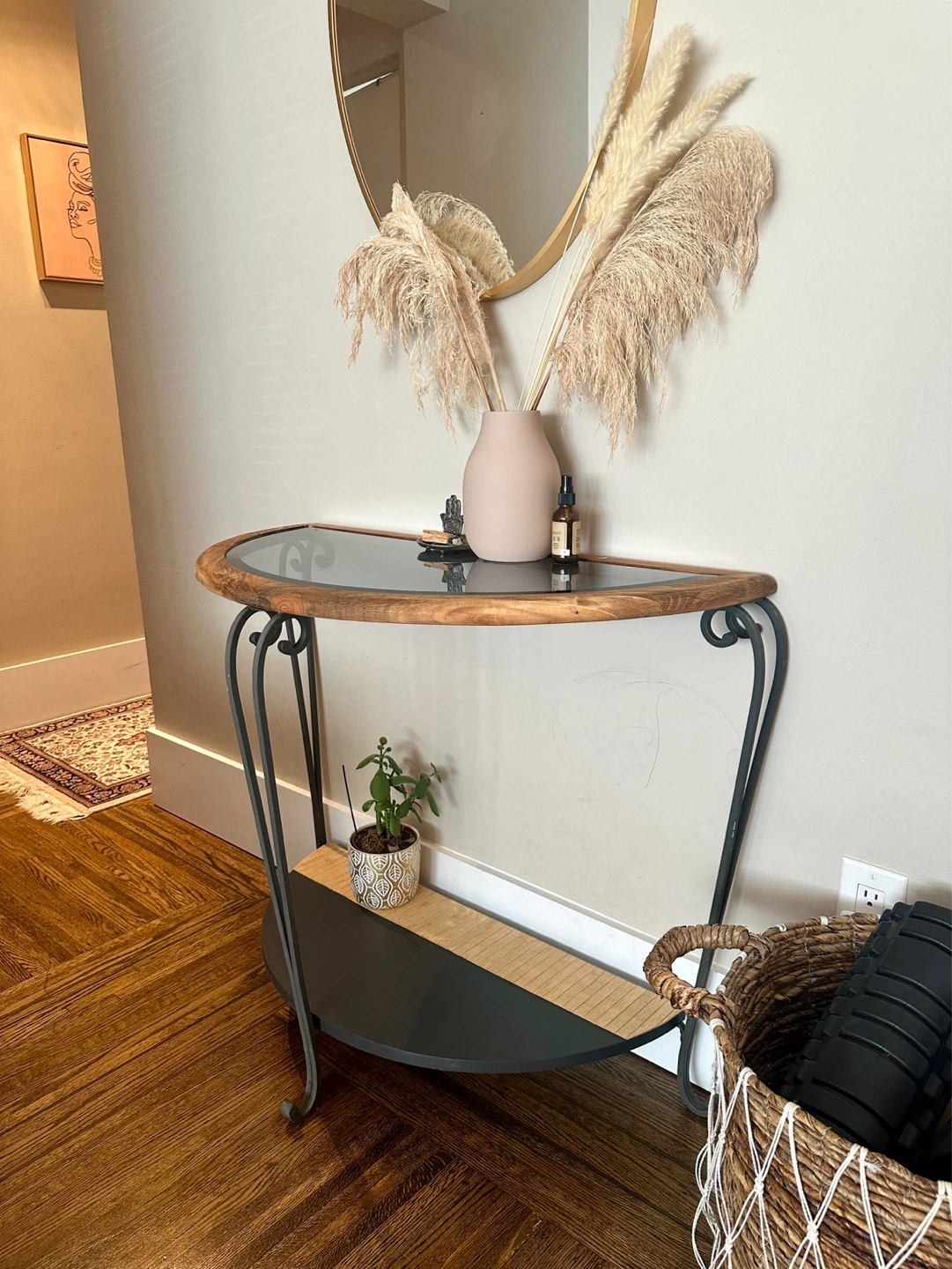 Half-Moon Console Table with Wood and Glass Top - photo 2