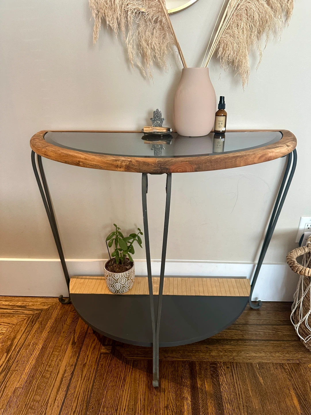 Half-Moon Console Table with Wood and Glass Top - photo 3
