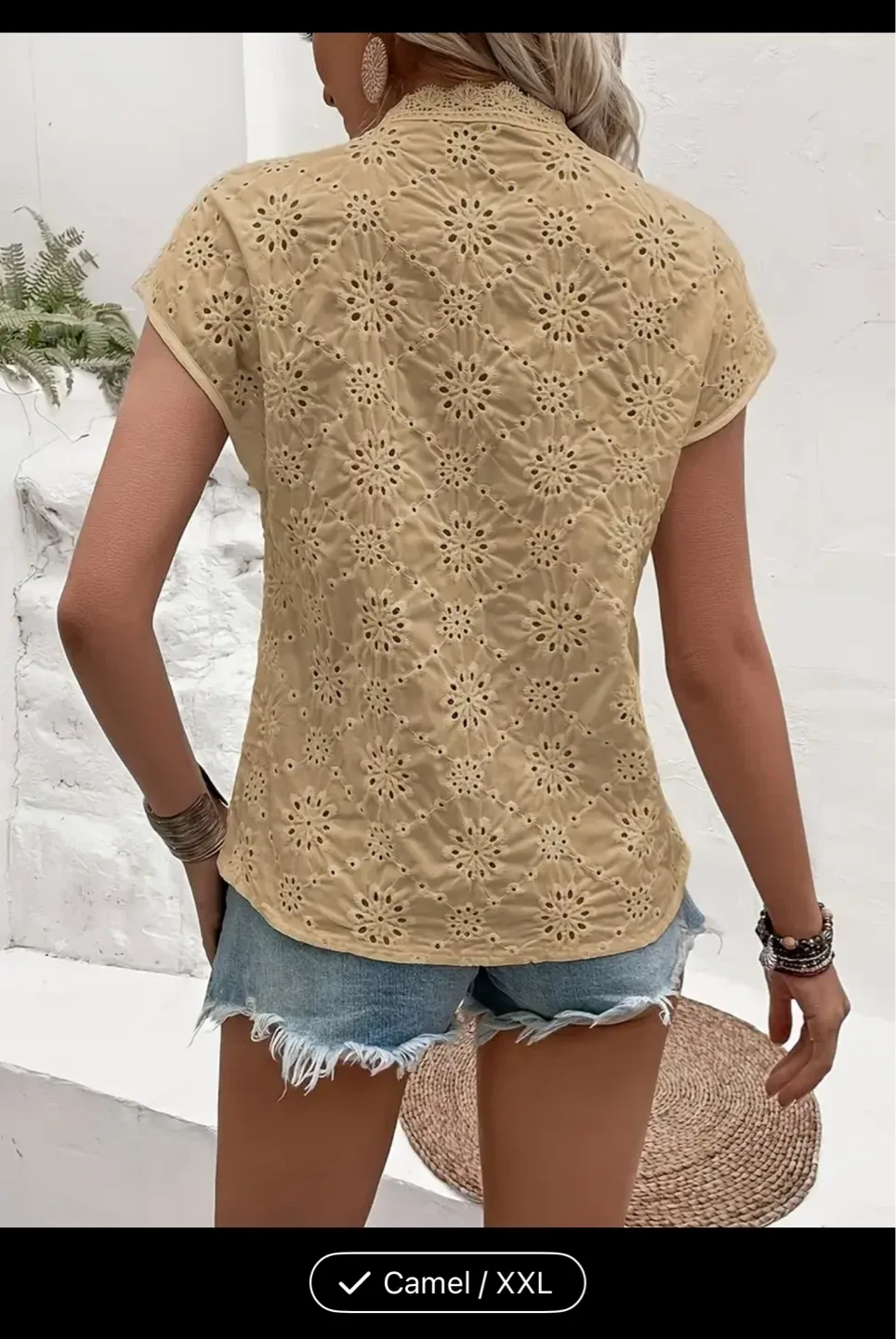 Women's Eyelet Lace Trim Short Sleeve Blouse Top - Camel XXL