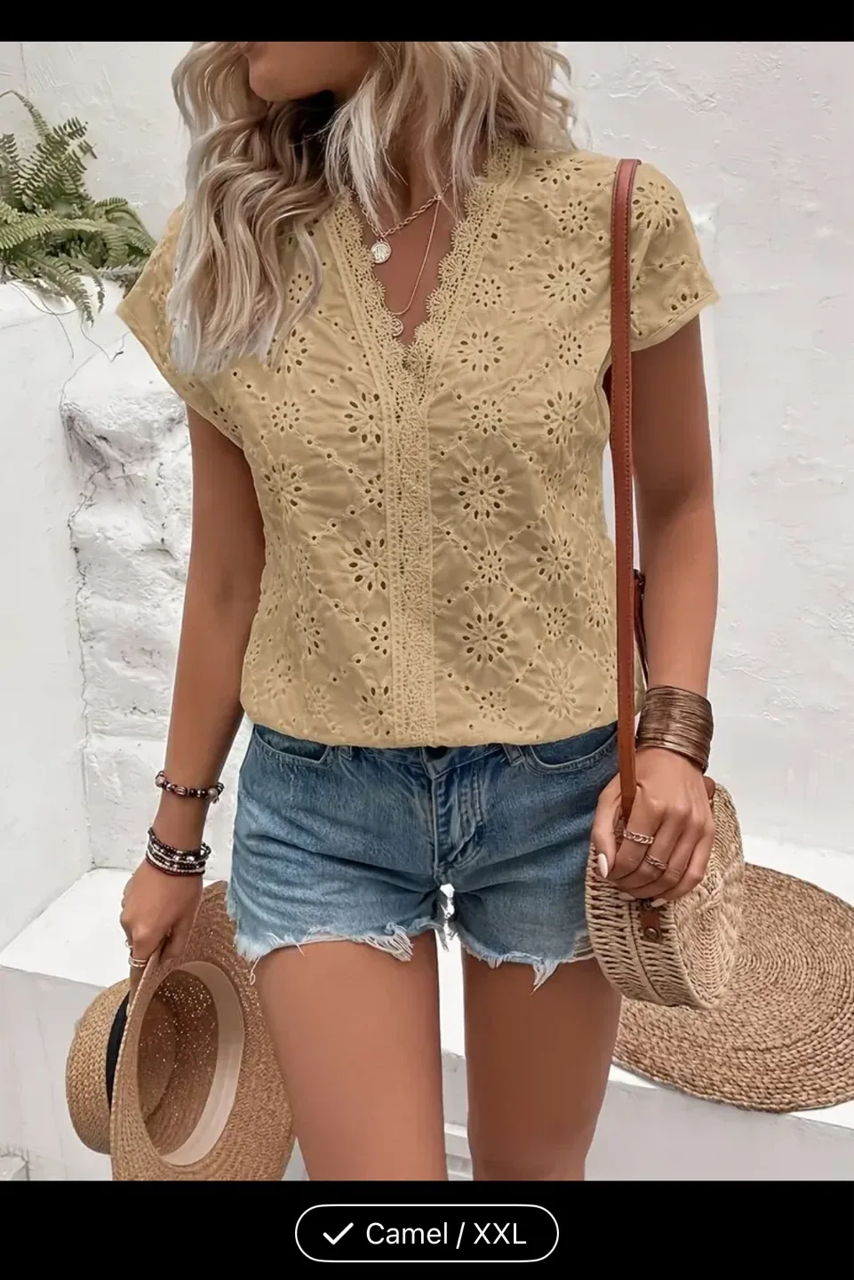 Women's Eyelet Lace Trim Short Sleeve Blouse Top - Camel XXL - photo 2