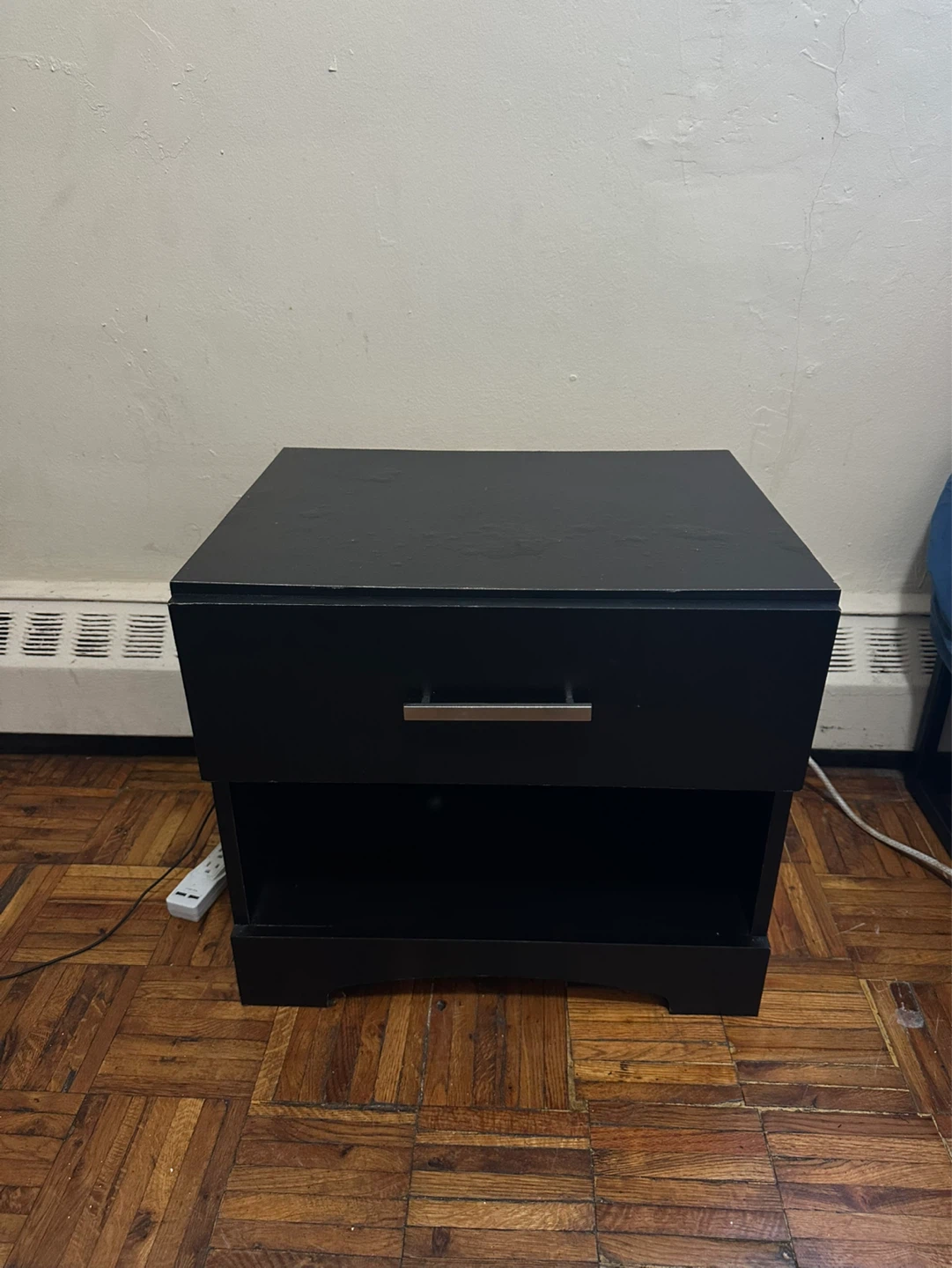 Black Nightstand with Drawer and Shelf